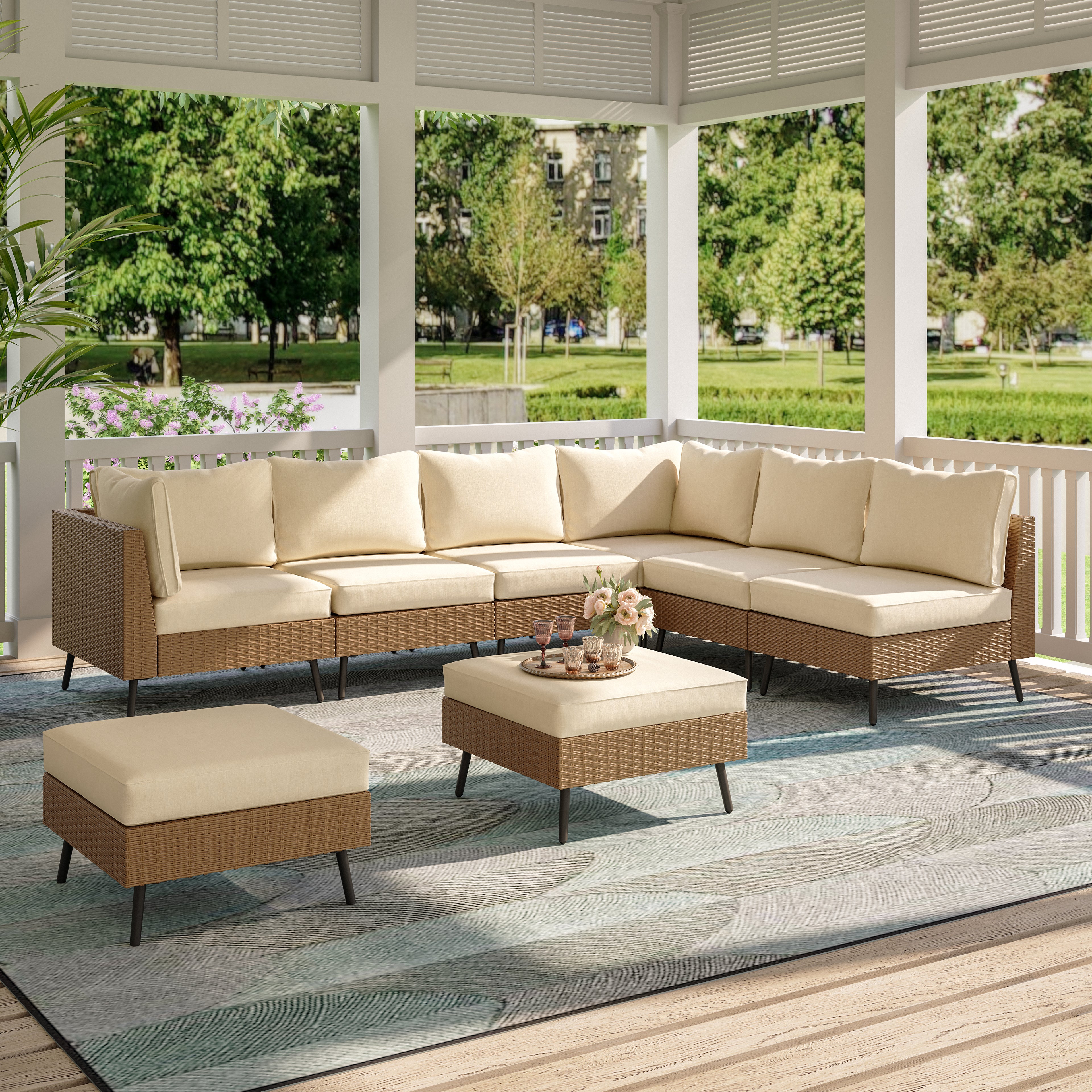 LAUSAINT HOME 8 Pieces Outdoor Patio Furniture Set with 43" Propane Gas Fire Pit Table