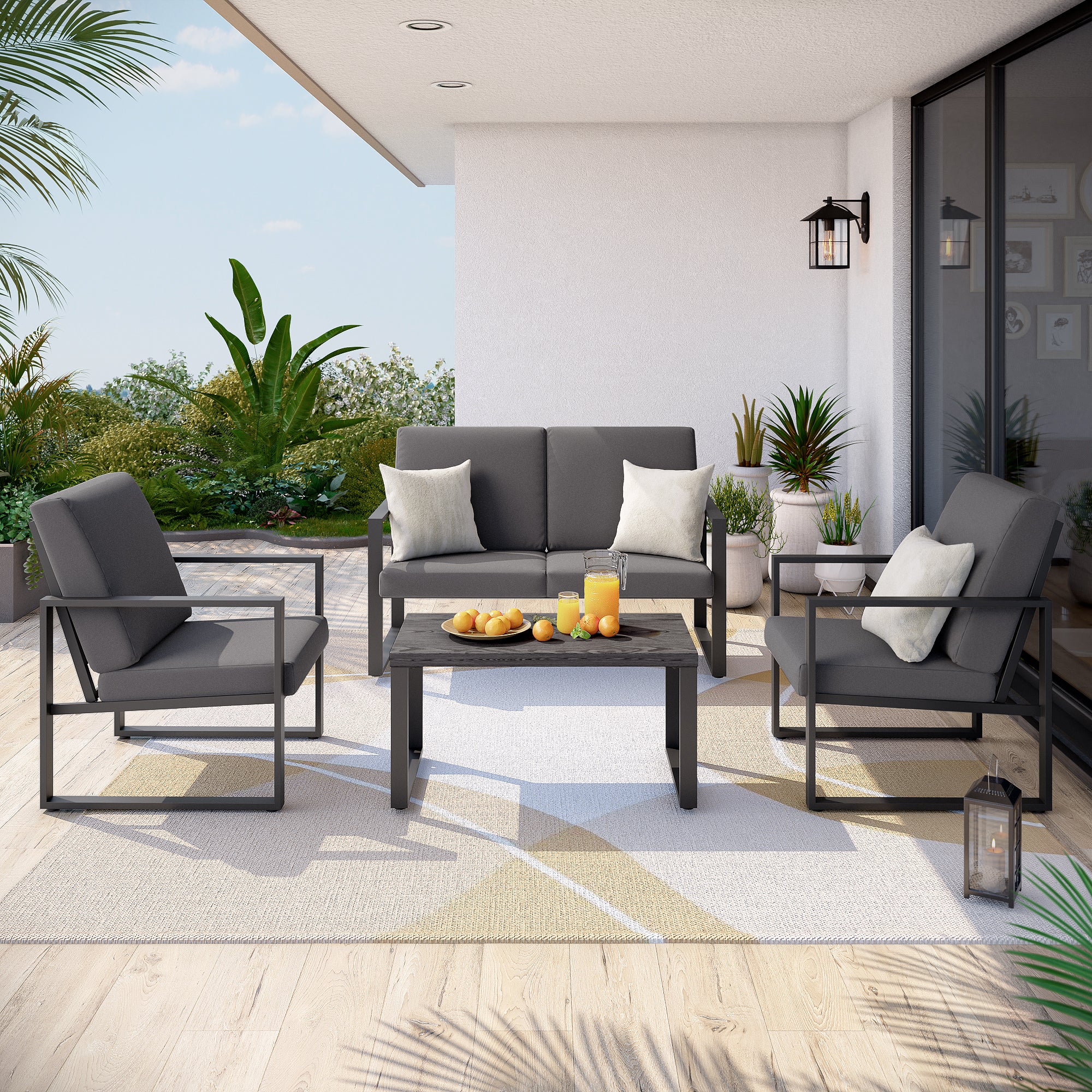 LAUSAINT HOME 4 Pcs Metal Modern Outdoor Conversation Set with 6&