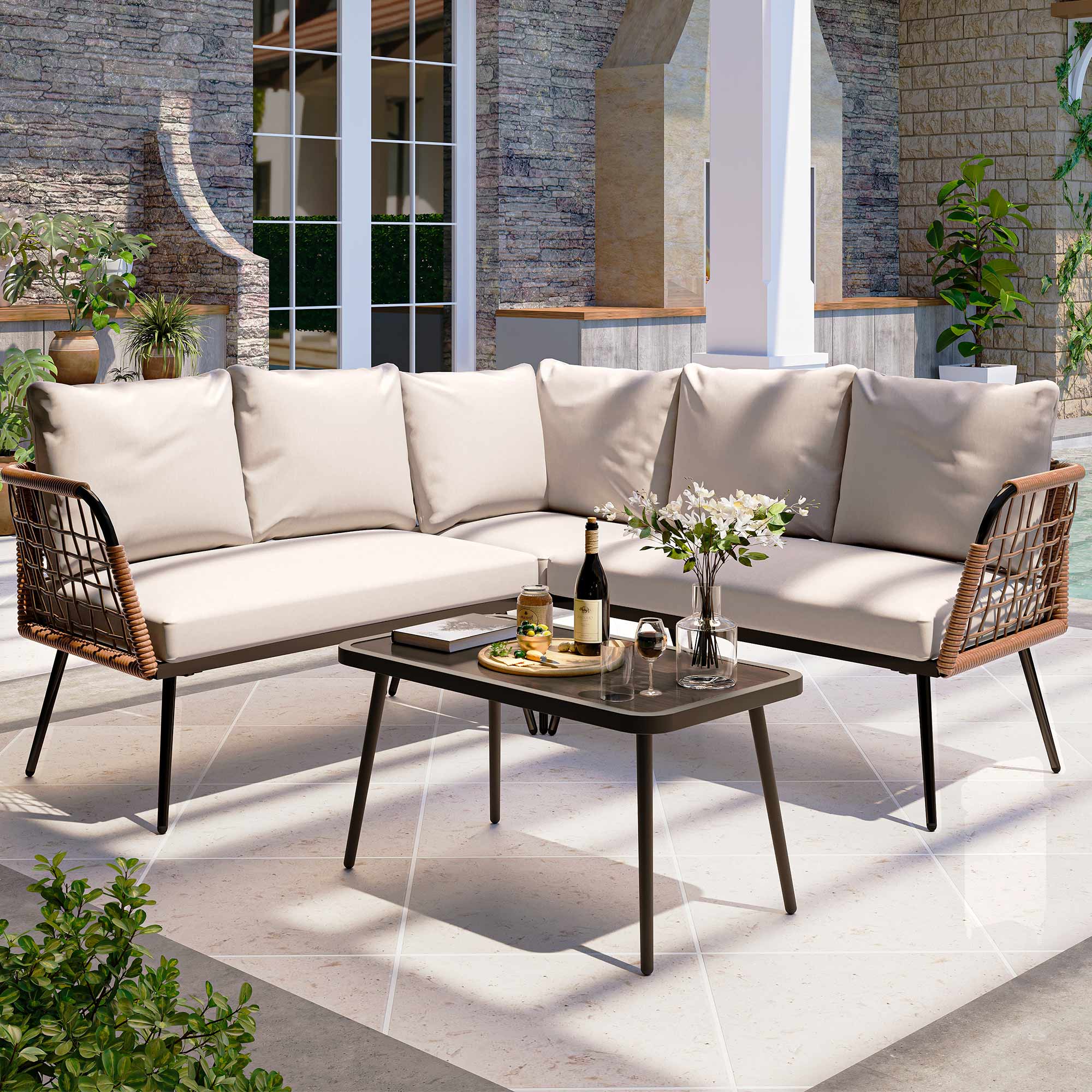 4 Pieces L- Shaped Patio Furniture Set