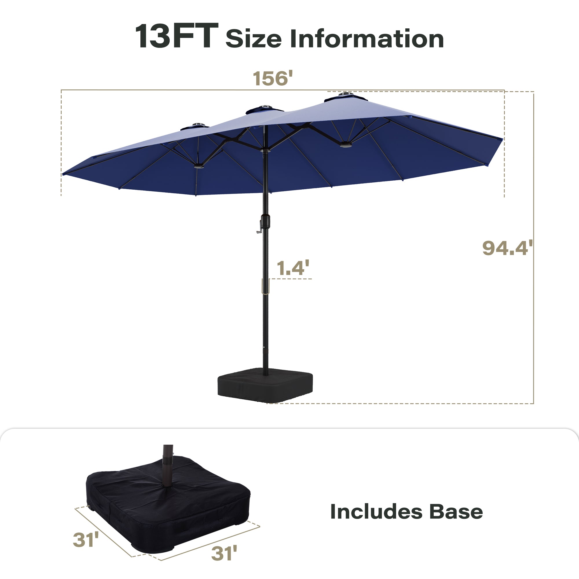 LAUSAINT HOME Large Double-Sided Rectangle Patio Umbrella with LED Light and Base, 13FT/15FT