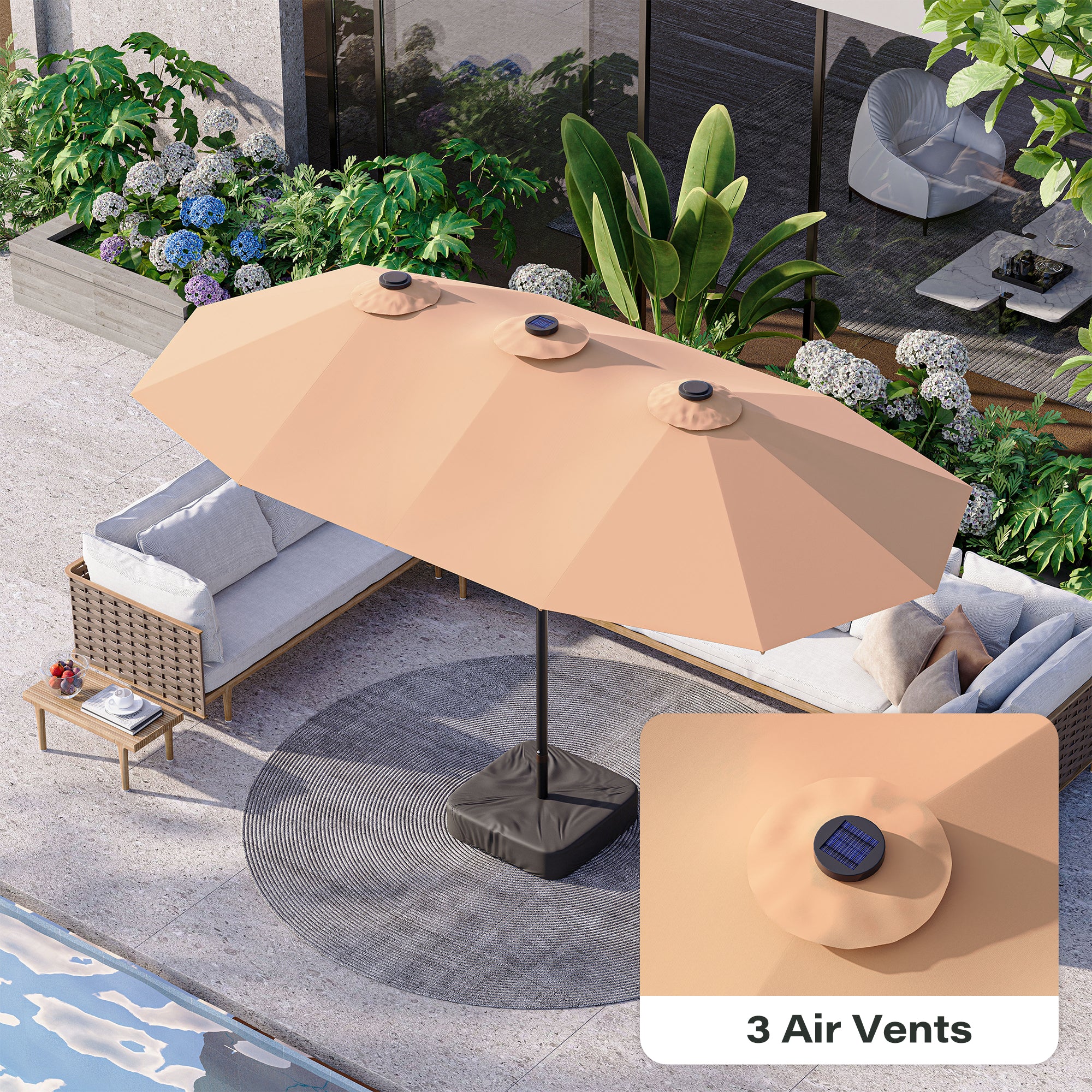 LAUSAINT HOME Large Double-Sided Rectangle Patio Umbrella with LED Light and Base, 13FT/15FT