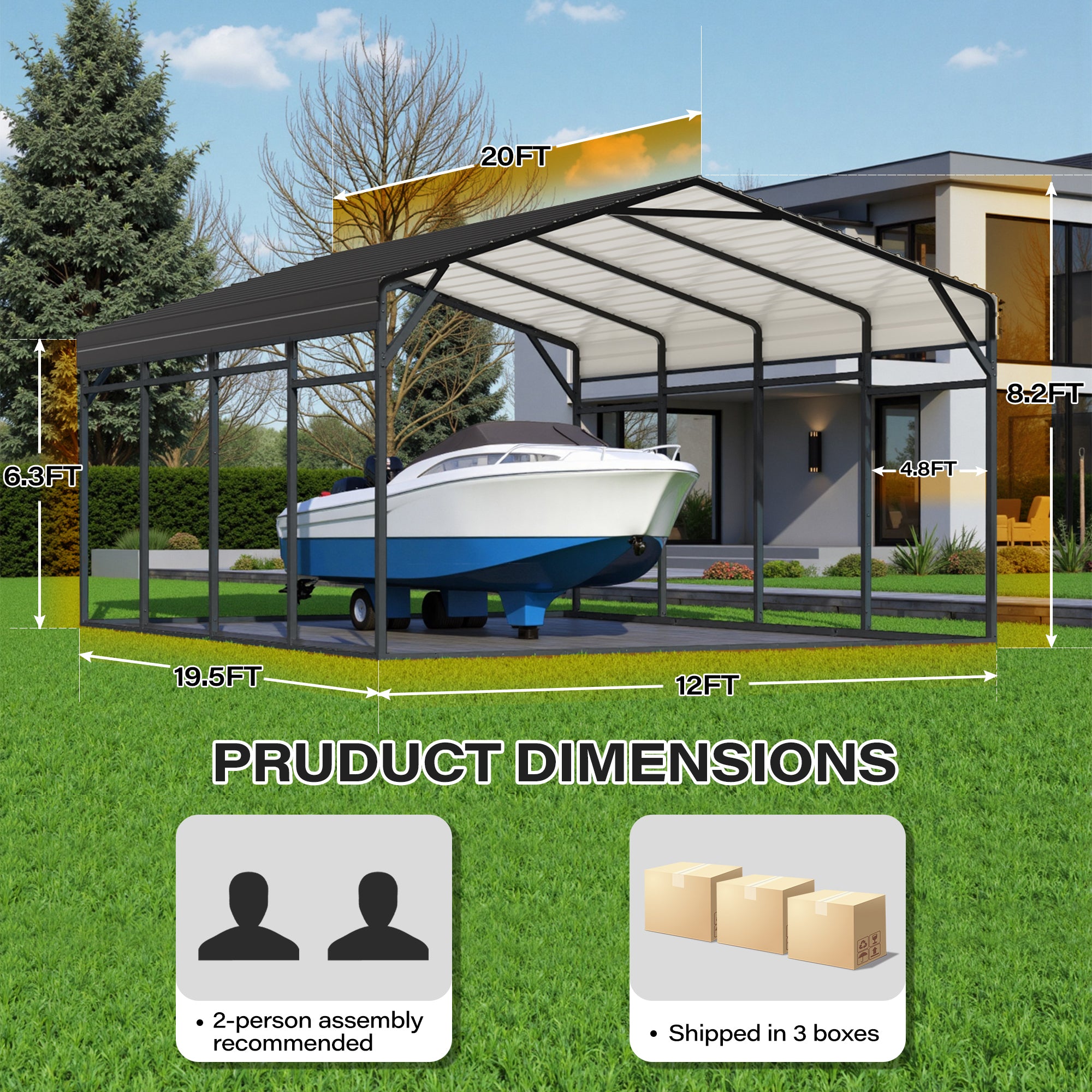 LAUSAINT HOME 12x20 FT Metal Carport Enhanced Base Heavy Duty Garage Car Shelter