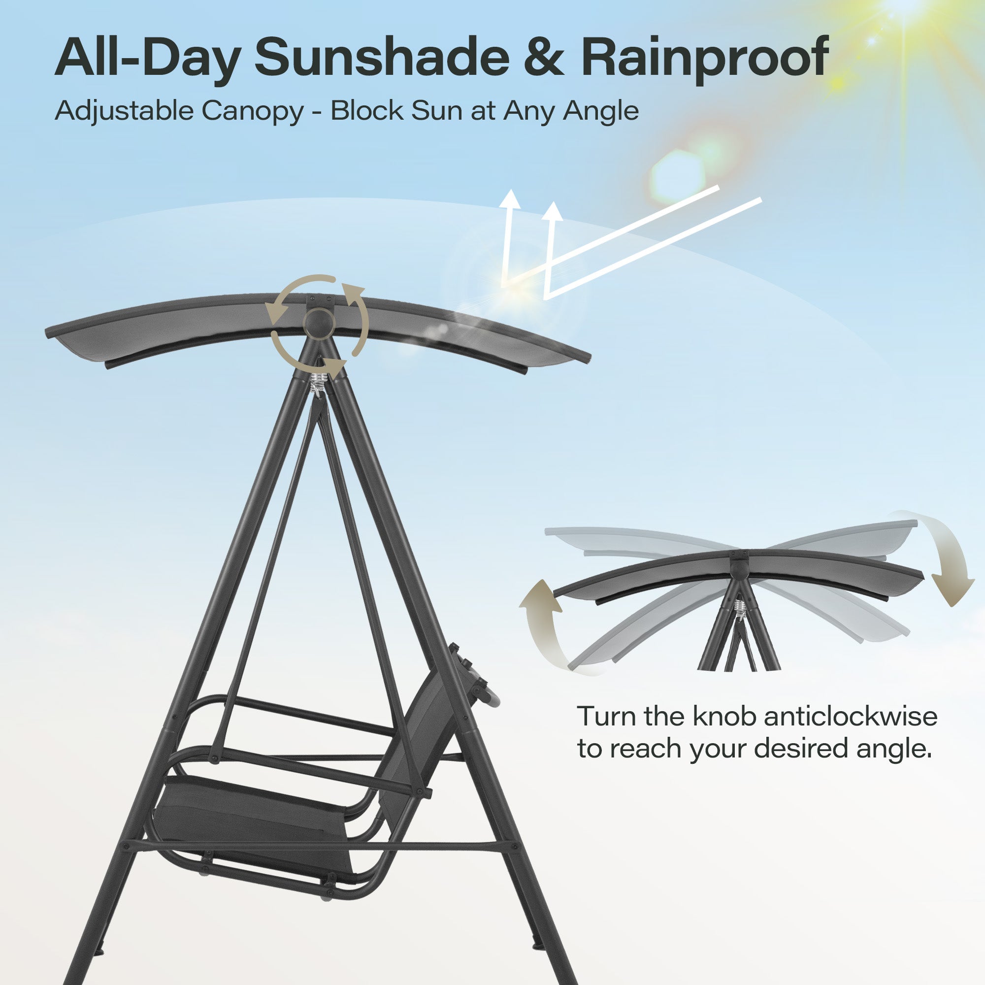 LAUSAINT HOME 3-Seat Outdoor Patio Swing Chair with Adjustable Arc Canopy