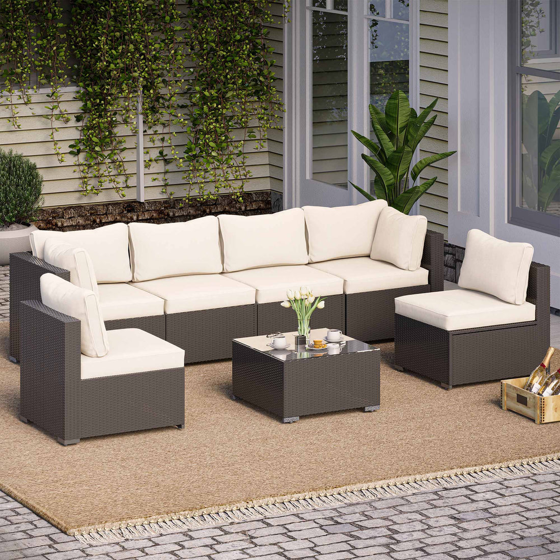 LAUSAINT HOME 7-Piece Wicker Conversation Set with Beige Cushions