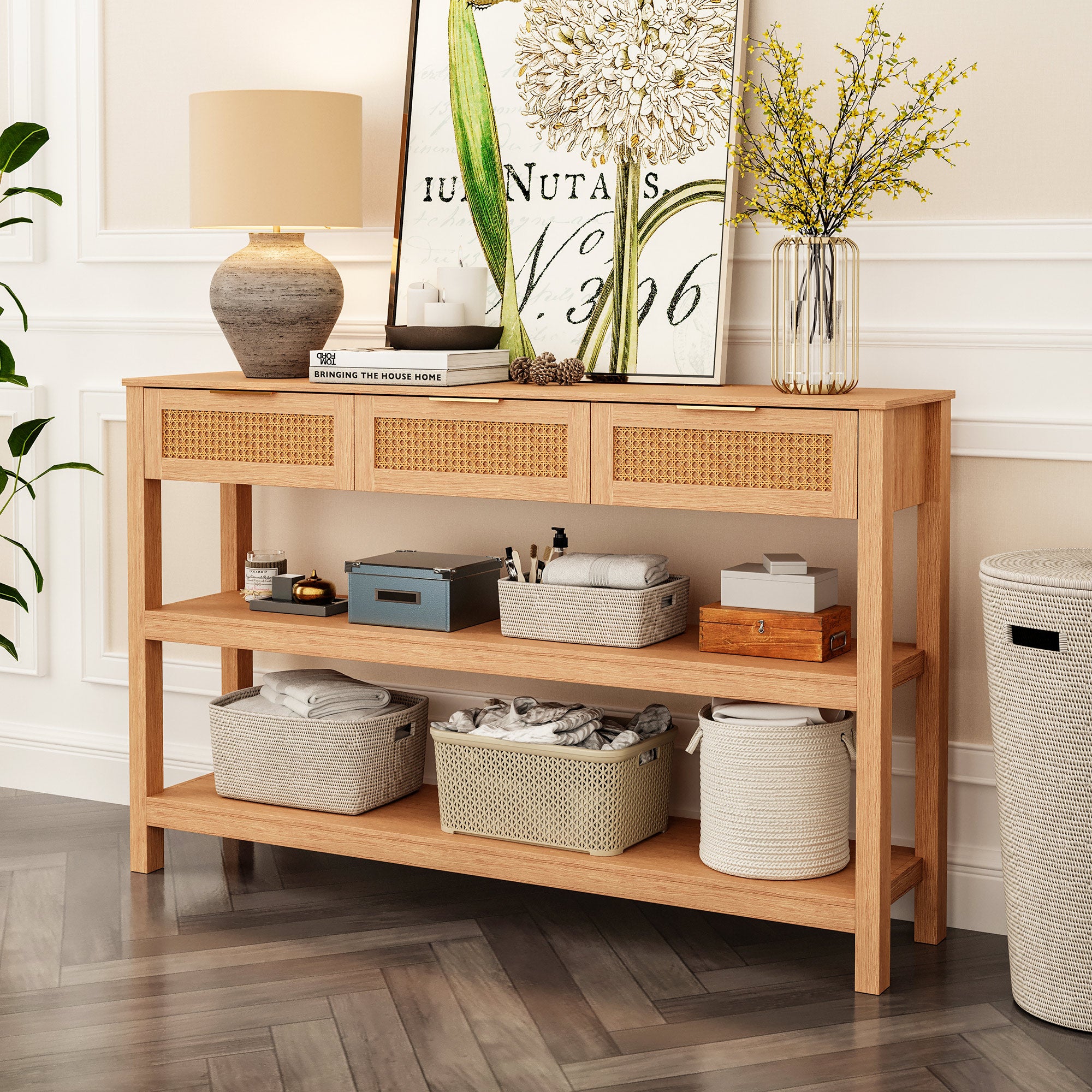 LAUSAINT HOME Narrow Console Table Behind Couch, 51" Entryway Table with 3 Ratten Drawers