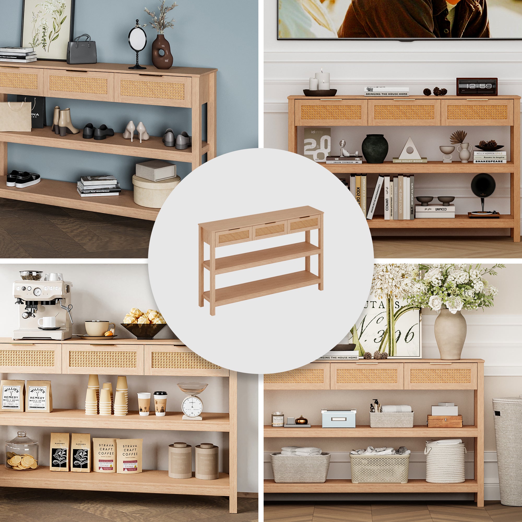 LAUSAINT HOME Narrow Console Table, 51" Entryway Table with 3 Rattan Drawers