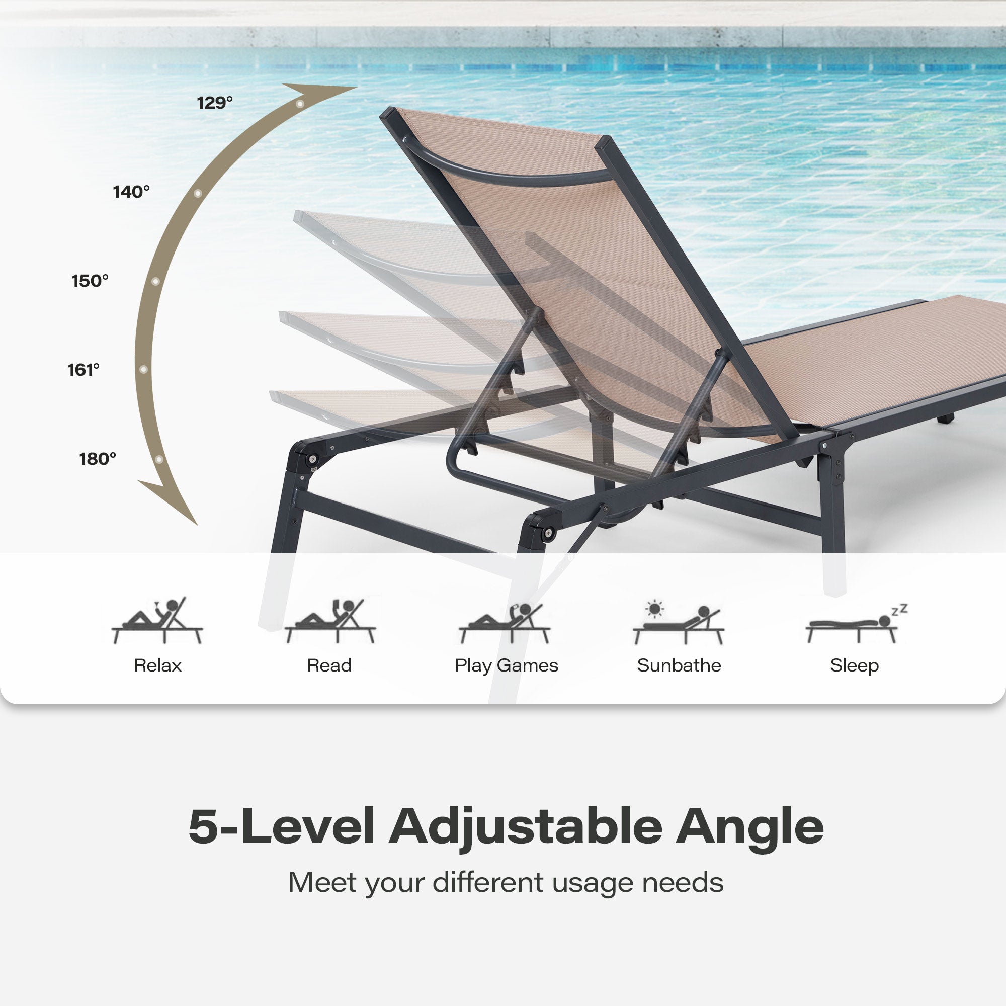 2 Pieces Outdoor Chaise Lounge Chair Set with 5-Position Adjustable Backrest