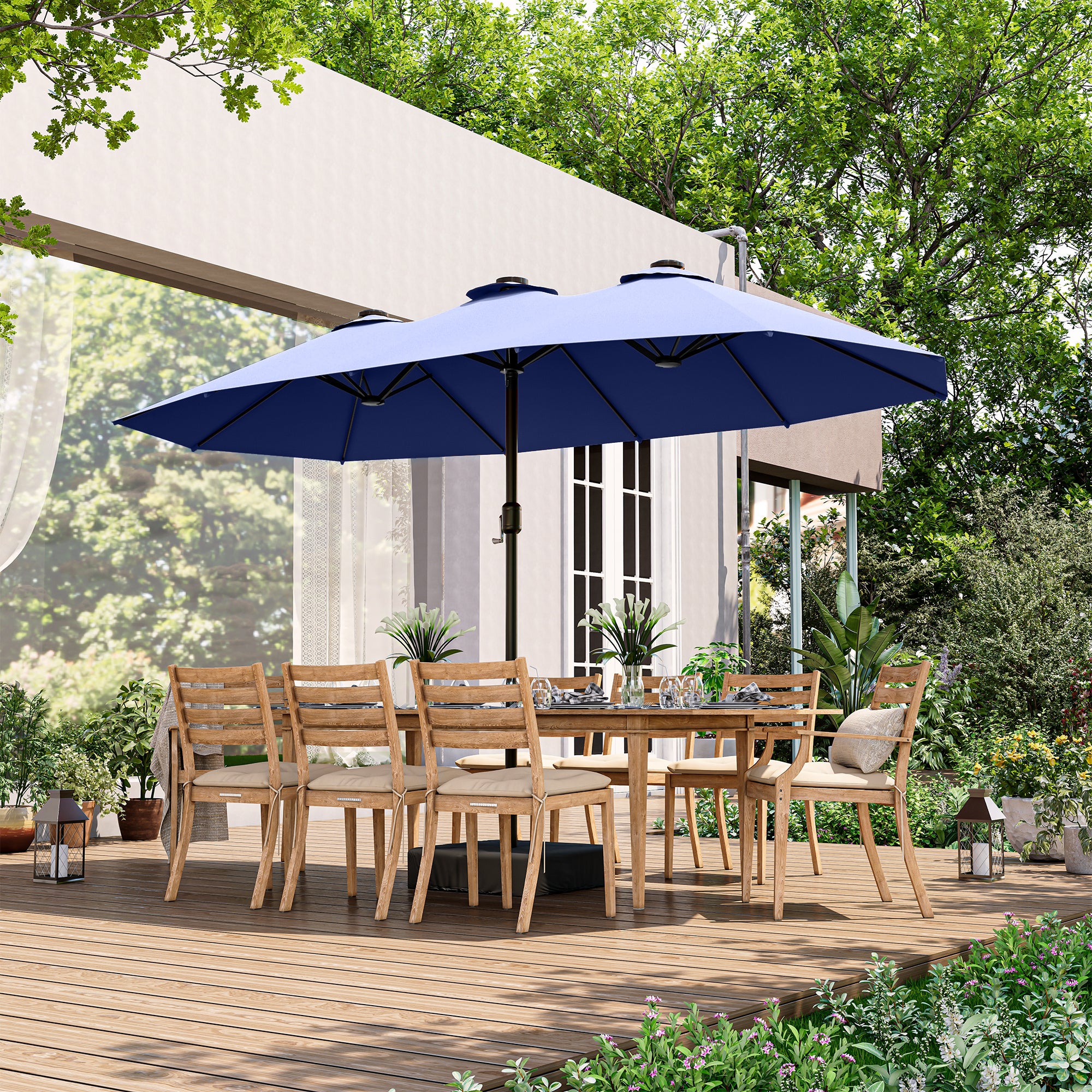 LAUSAINT HOME Large Double-Sided Rectangle Patio Umbrella with LED Light and Base, 13FT/15FT