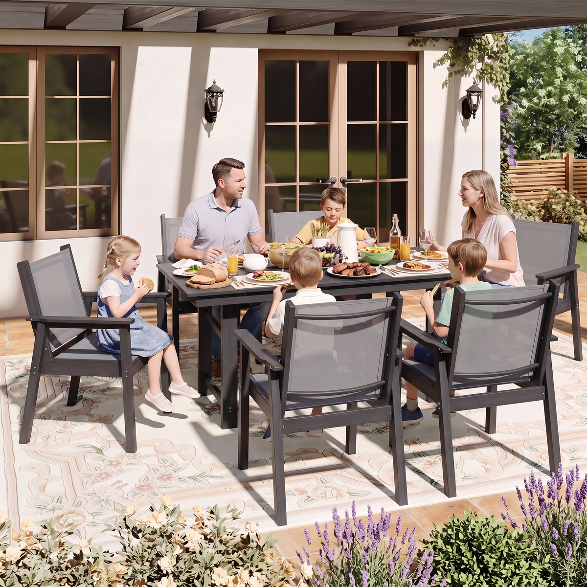 Lausaint Home 7-Piece Outdoor HDPE Dining Set with Textilene Chairs & Umbrella Hole Table