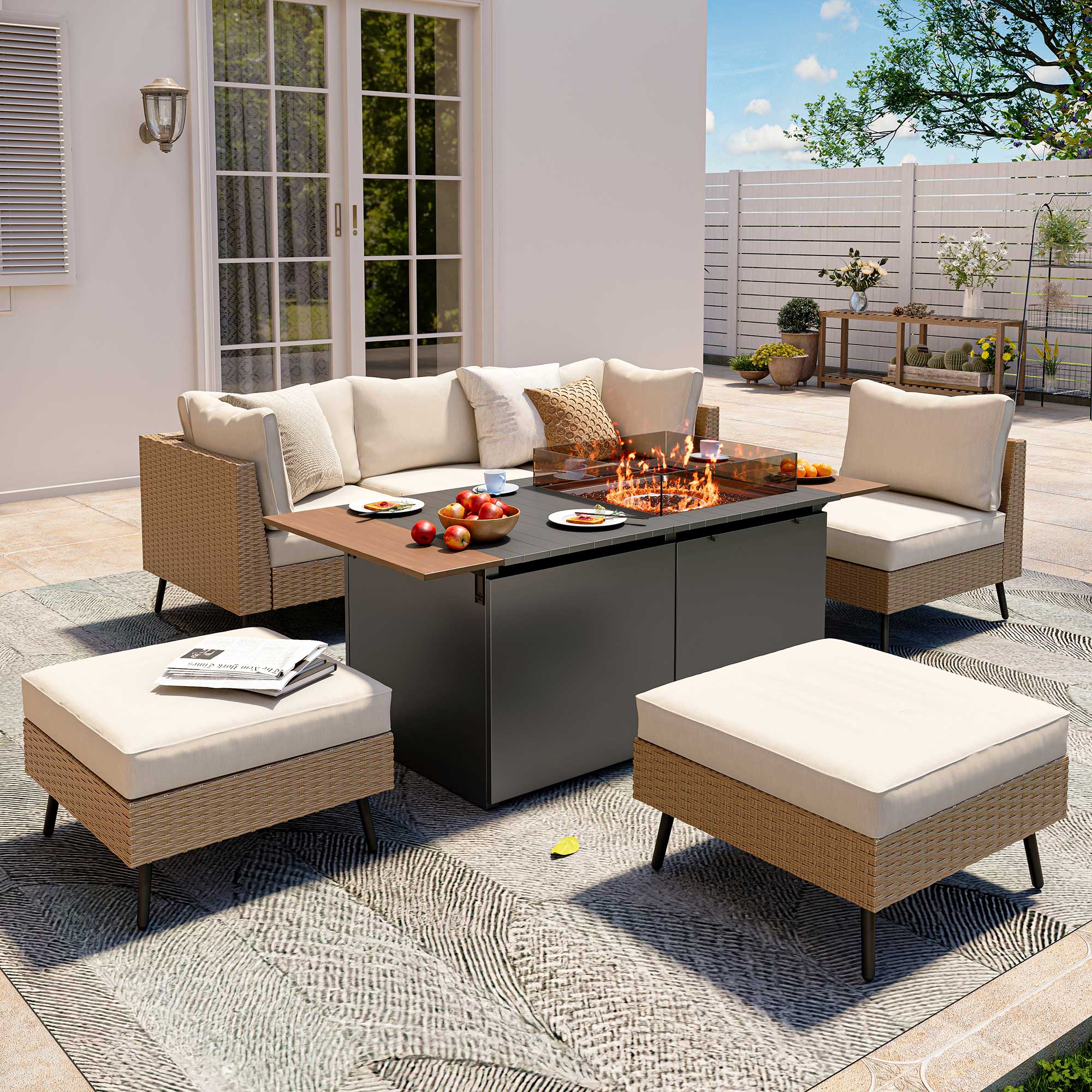 LAUSAINT HOME 6-piece Beige Wicker Conversation Sofa with 64" Gas Fire Pit Table, 55,000 BTU