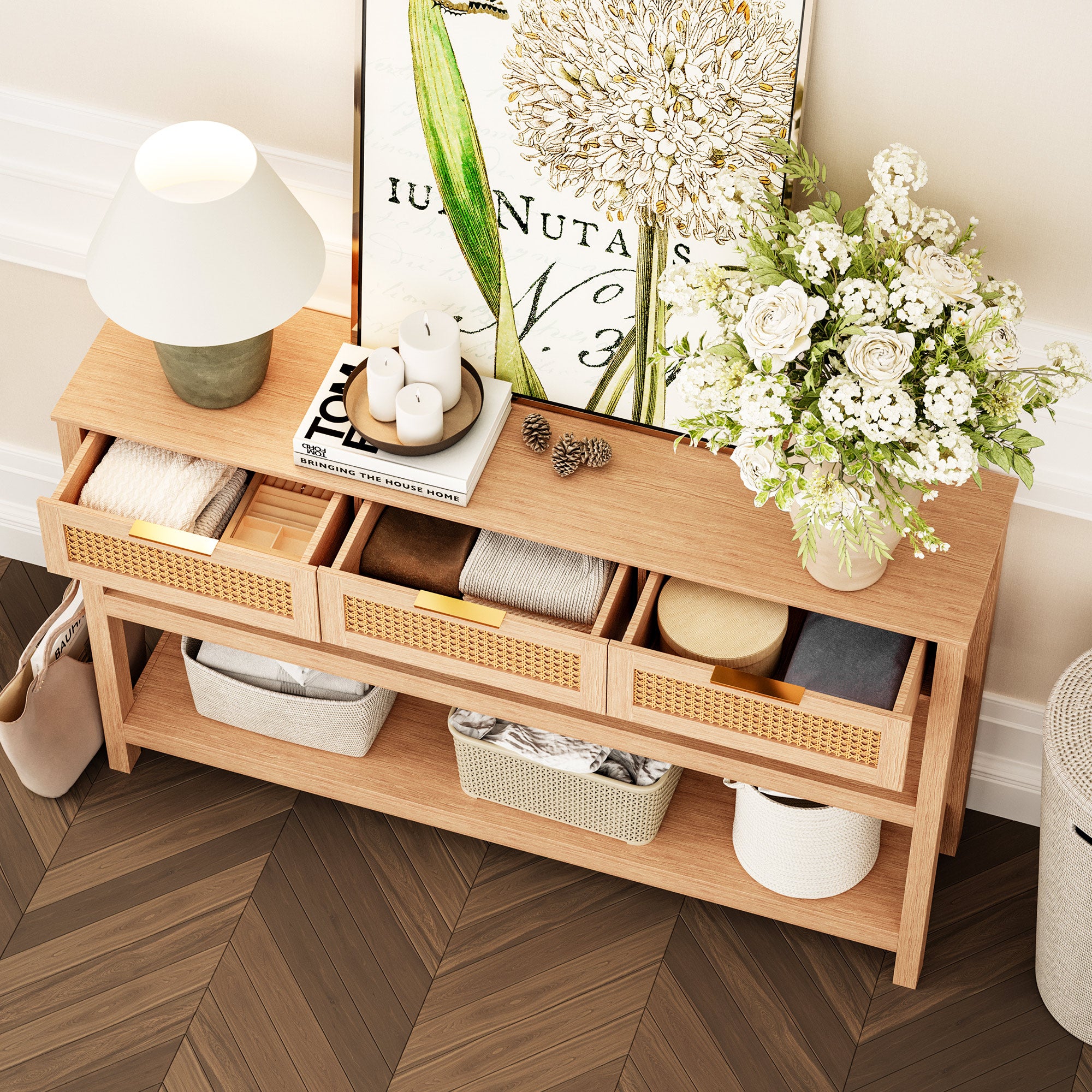 LAUSAINT HOME Narrow Console Table, 51" Entryway Table with 3 Rattan Drawers