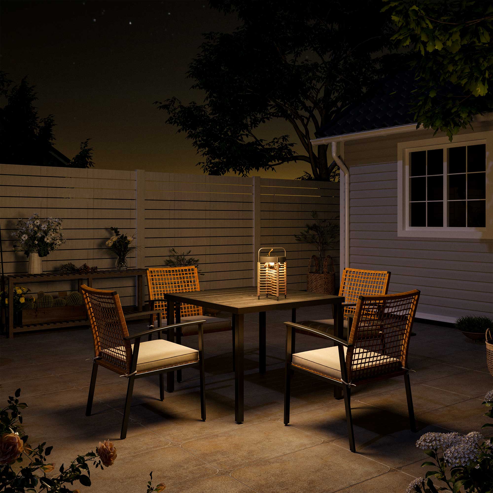 5-piece Rattan Dining Set with Outdoor Solar Table Lamp