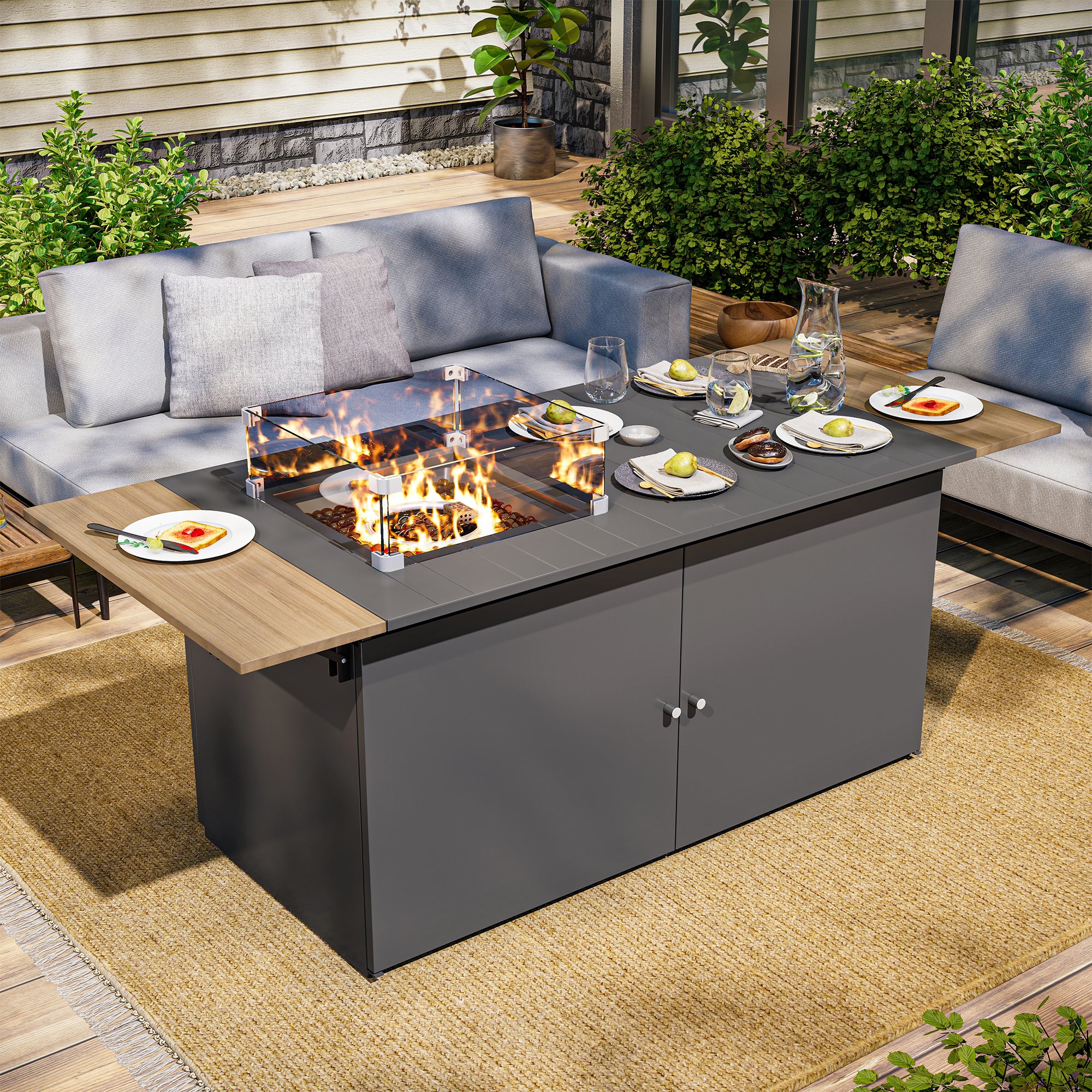 LAUSAINT HOME 64 Inch Outdoor Fire Pit Table 55,000 BTU Gas Fire Pit with Lid with Glass Wind Guard for Outside Patio