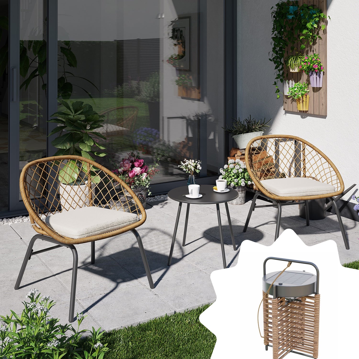 LAUSAINT HOME 3-piece Wicker Bistro Set with Outdoor Solar Table Lamp