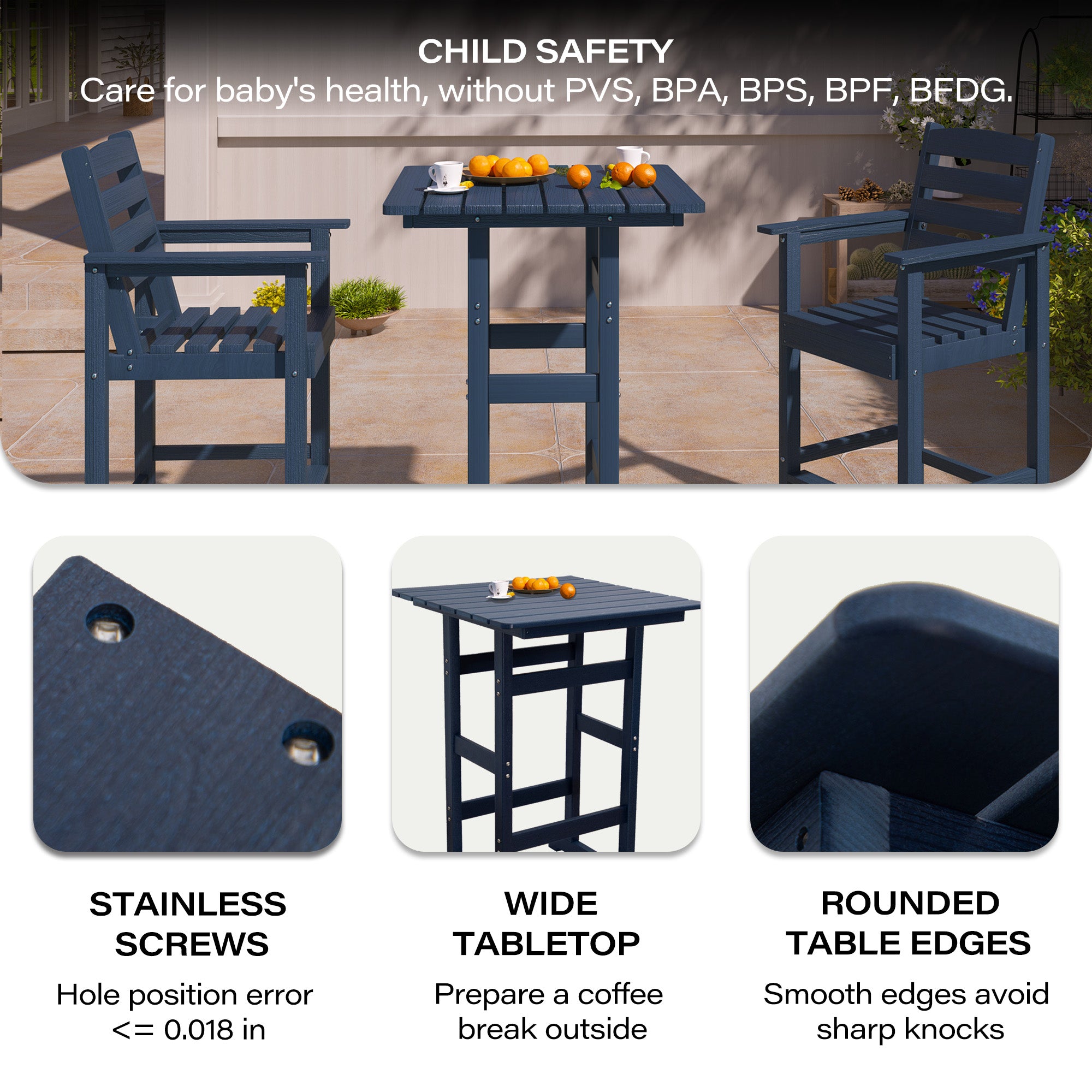 LAUSAINT HOME 3 Pieces HDPE Height Table and Adirondack Chairs Set