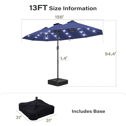 LAUSAINT HOME Large Double-Sided Rectangle Patio Umbrella with LED Light and Base, 13FT/15FT