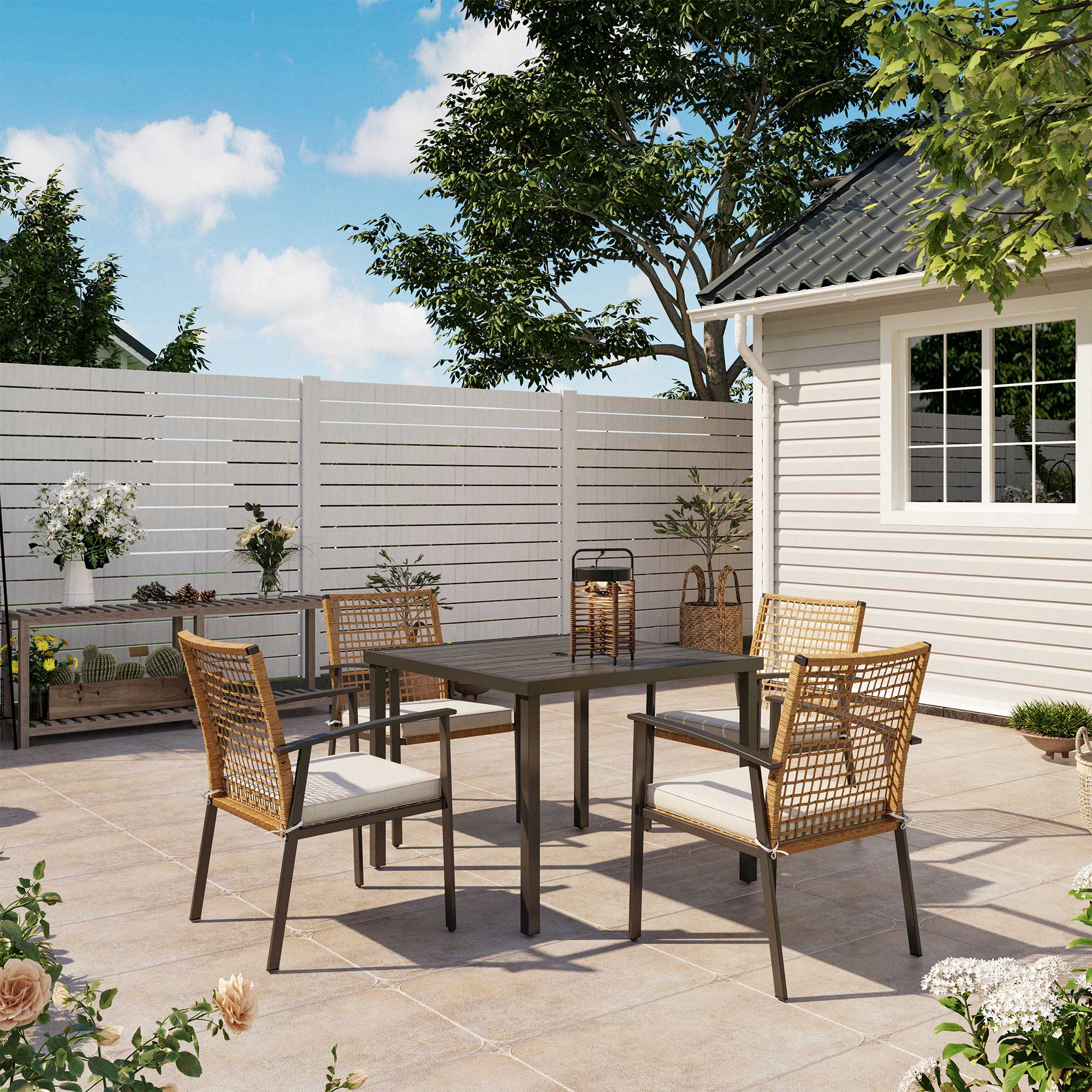 5-piece Rattan Dining Set with Outdoor Solar Table Lamp