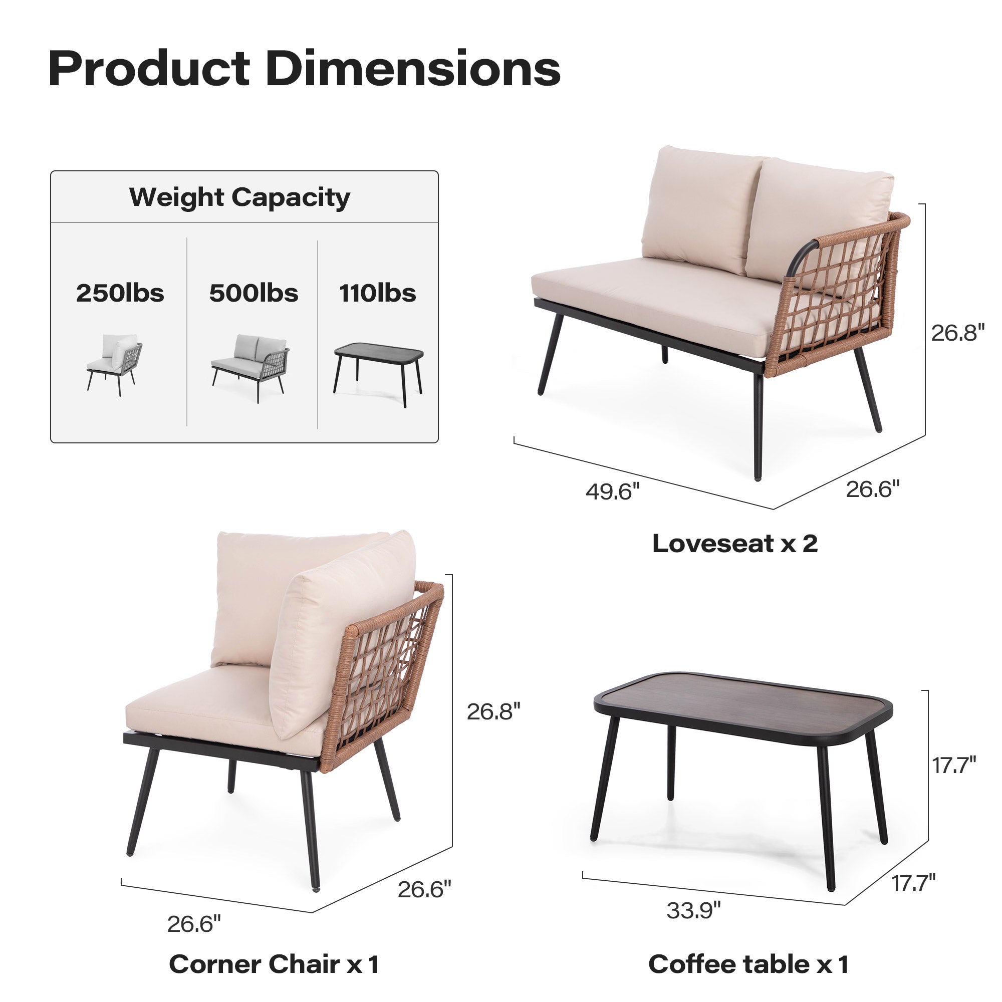4 Pieces L- Shaped Patio Furniture Set