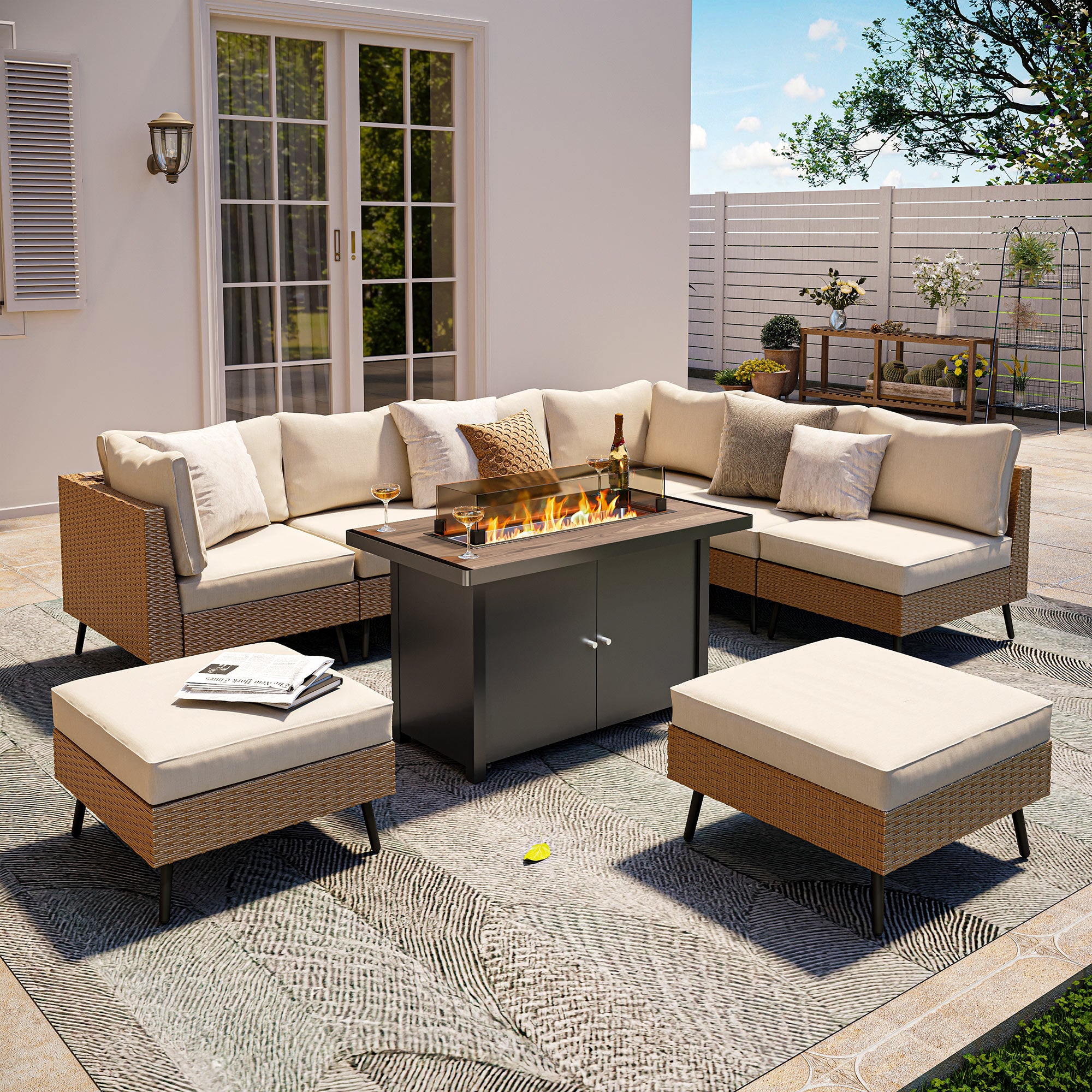 LAUSAINT HOME 8 Pieces Outdoor Patio Furniture Set with 43" Propane Gas Fire Pit Table