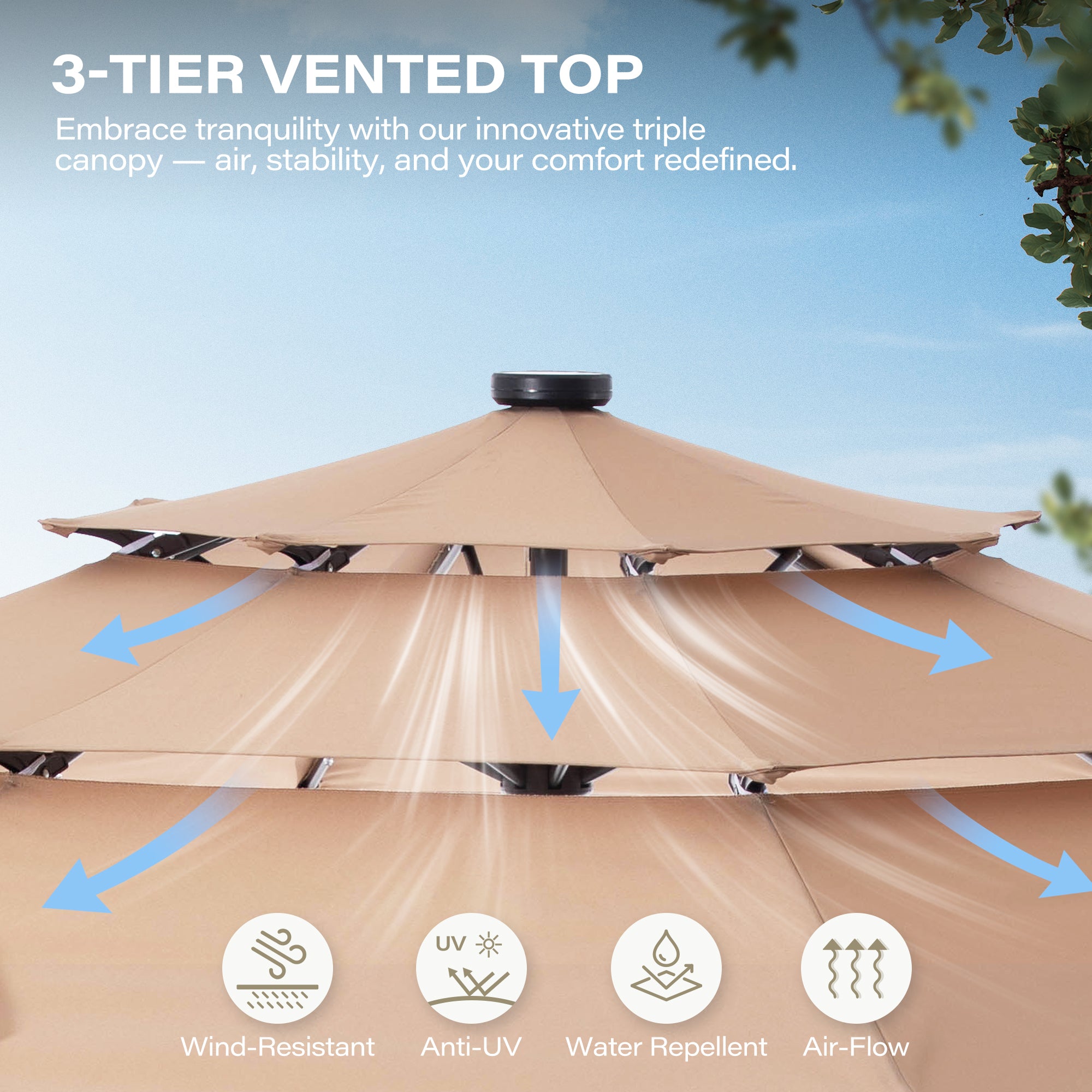 LAUSAINT HOME 10ft 3 Tier Patio Umbrella with Solar Lights