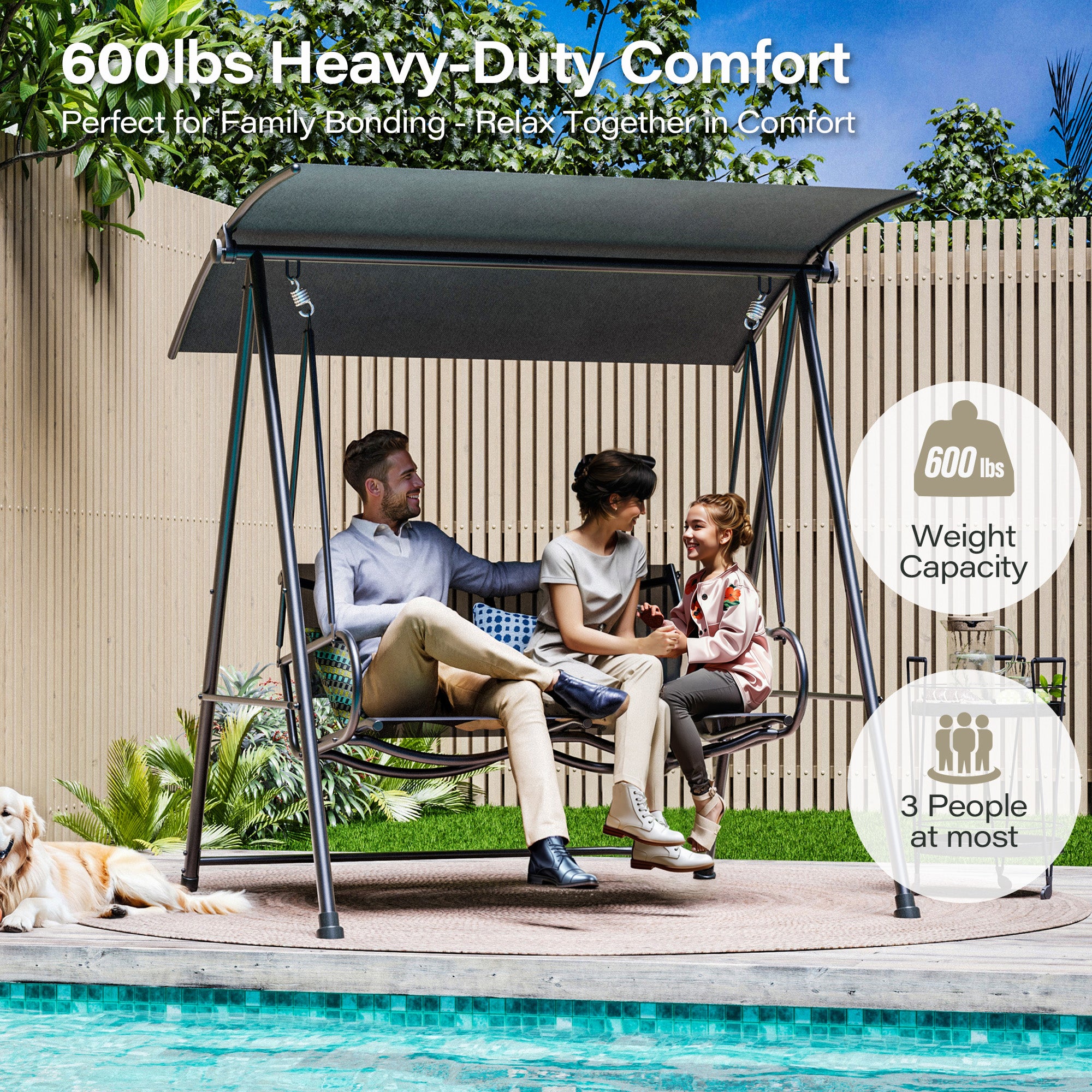 LAUSAINT HOME 3-Seat Outdoor Patio Swing Chair with Adjustable Arc Canopy