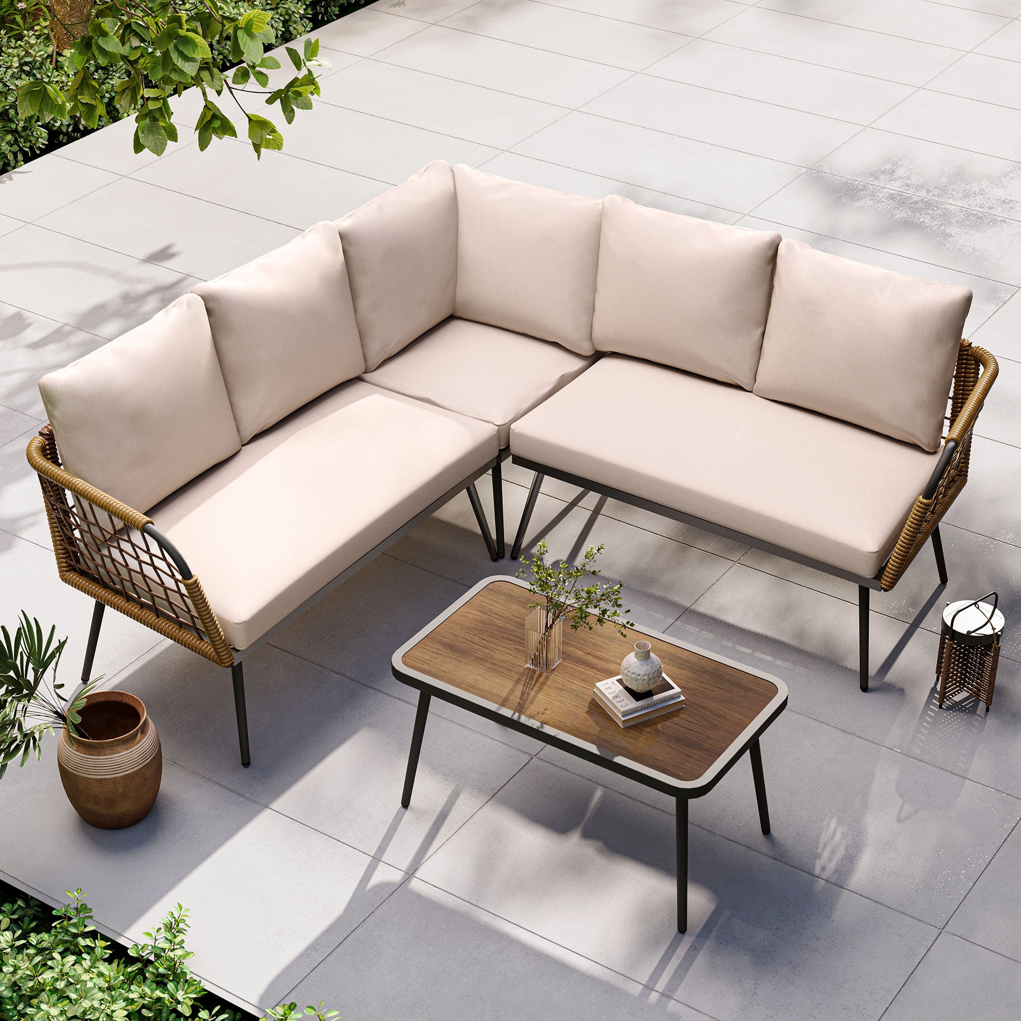 4 Pieces L- Shaped Patio Furniture Set