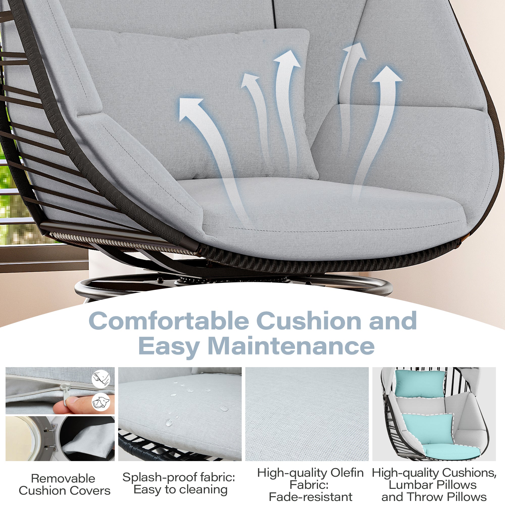 LAUSAINT HOME Oversized 360° Swivel Rattan Egg Chair with Cushion