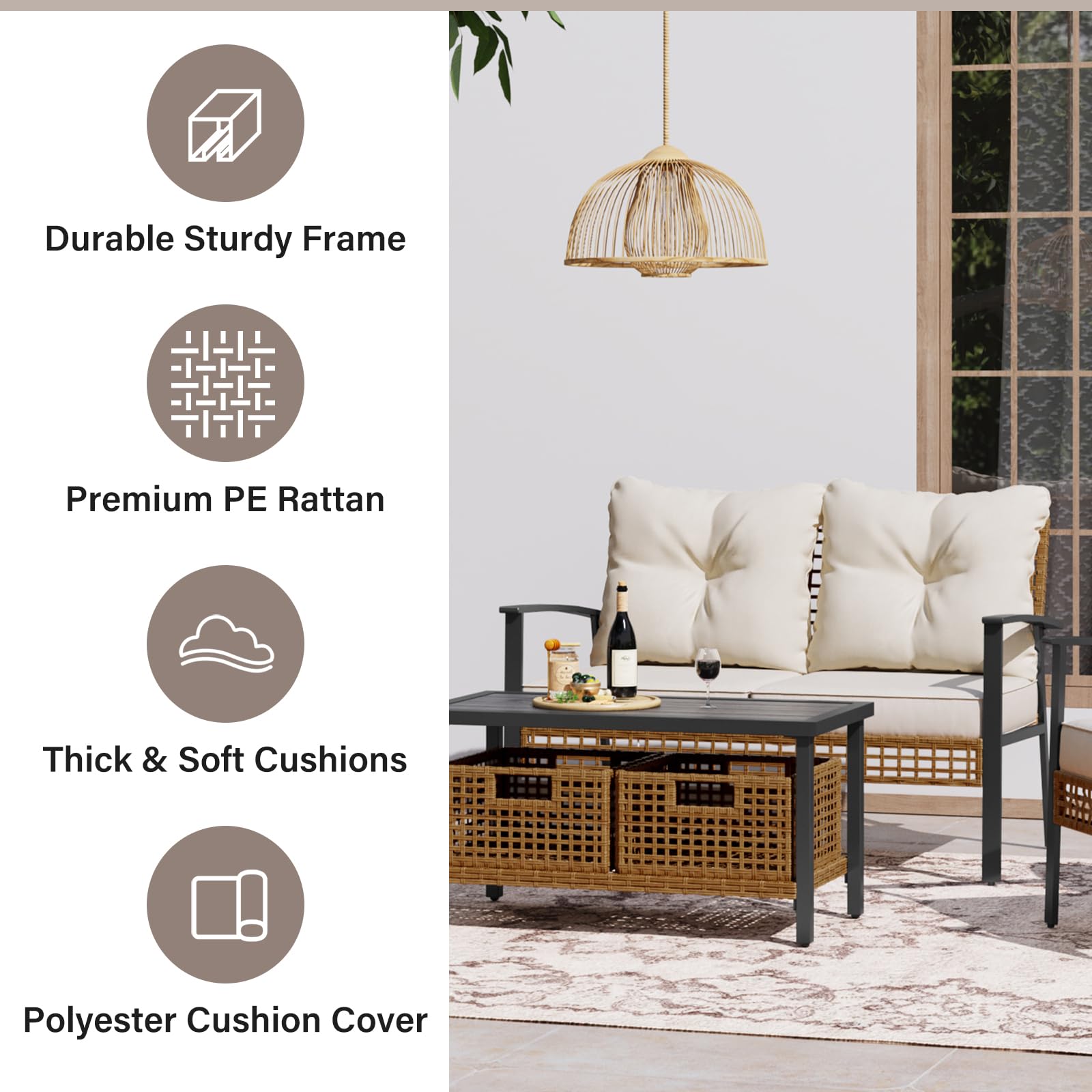 LAUSAINT HOME Outdoor Rattan Bistro Set, 1 Loveseat and 1 Coffee Table