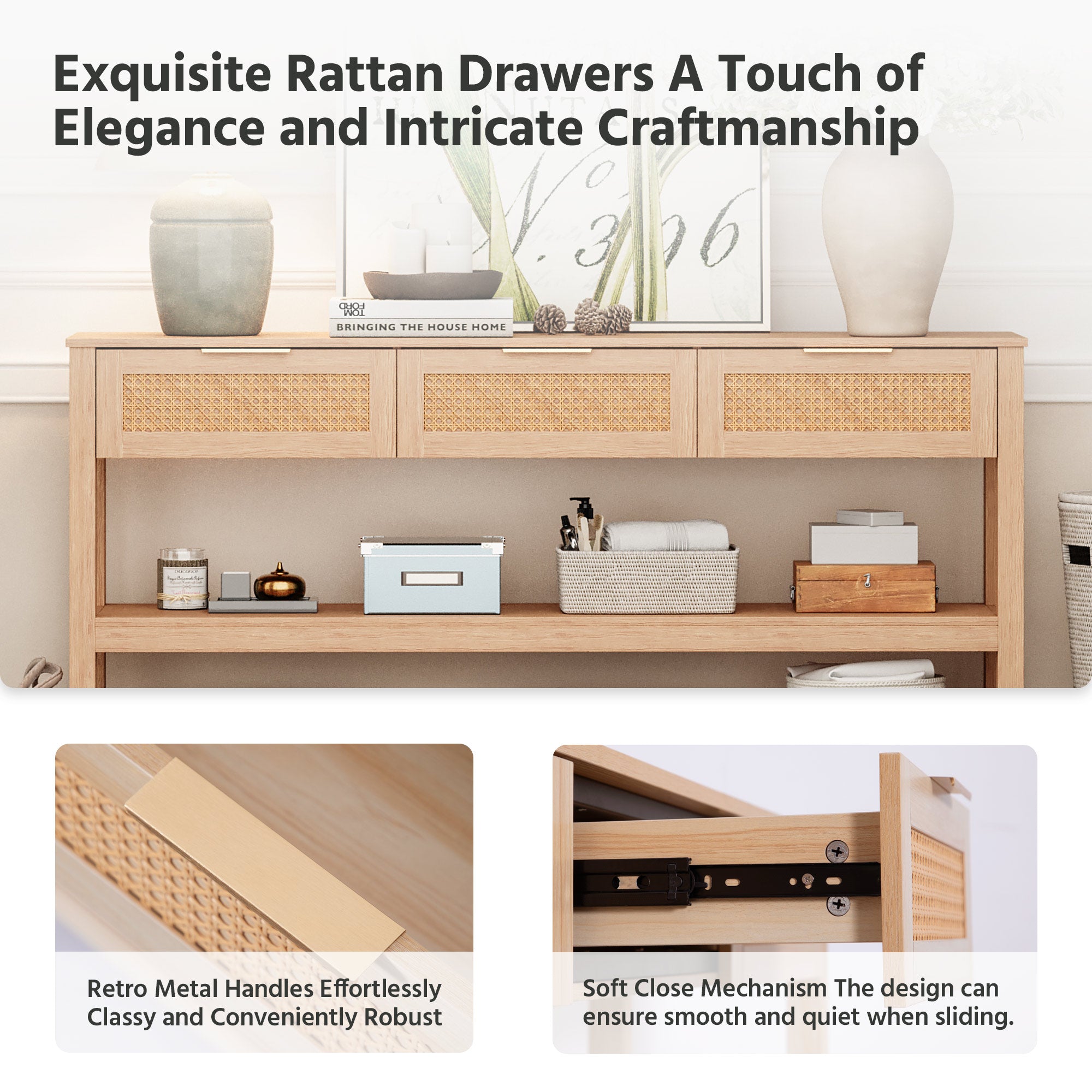 LAUSAINT HOME Narrow Console Table, 51" Entryway Table with 3 Rattan Drawers