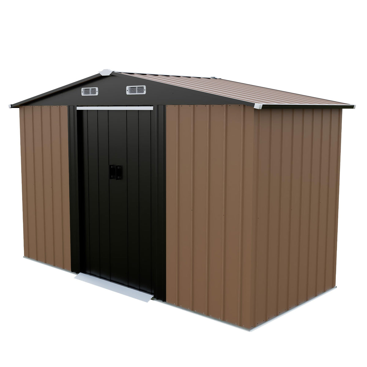 LAUSAINT HOME 8 x 6 FT Outdoor Storage Shed with Window, Galvanized Steel Storage Shed, Double Lockable Doors, Gable Roof & Air Vent for Backyard, Brown