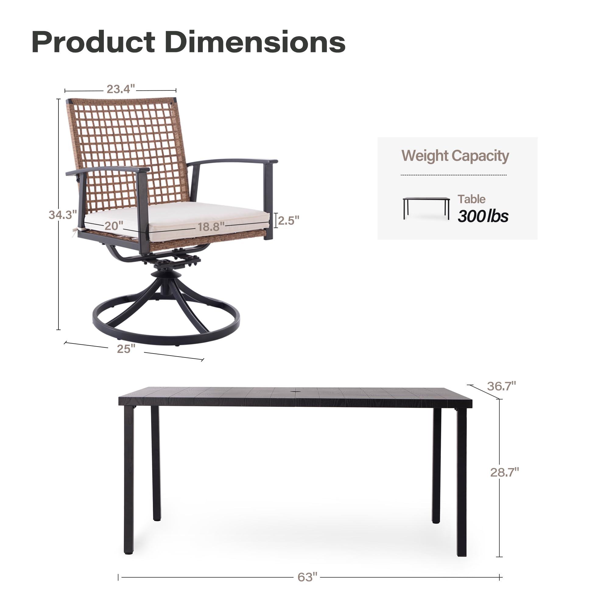 LAUSAINT HOME 7 Pieces Patio Dining Set, Outdoor Furniture Set of 6 Wicker Chairs (2 of Them Swivel) with Soft Cushion and Iron Slats Table Top with Umbrella Hole, Conversation Set for Backyard