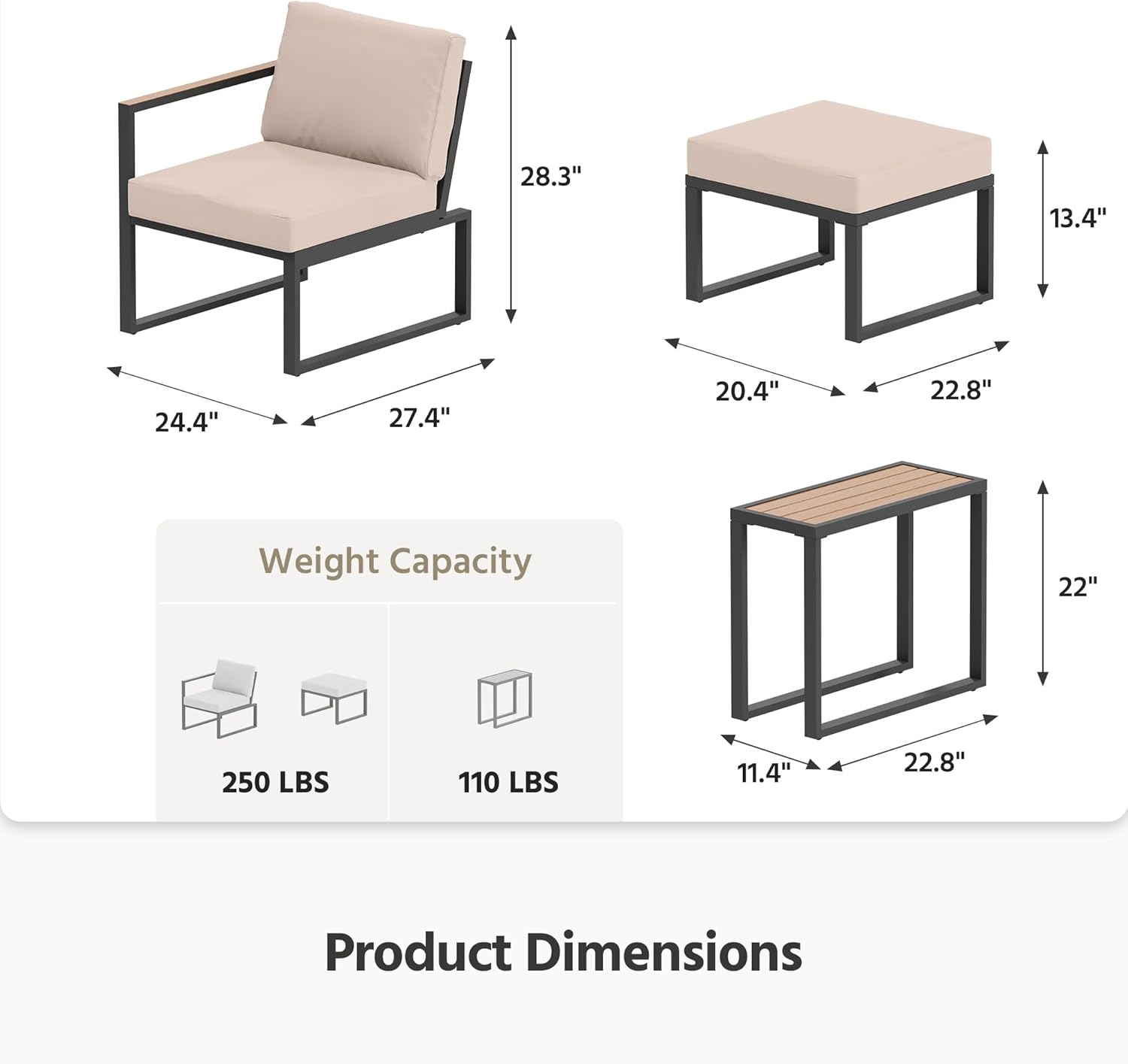 LAUSAINT HOME 5 Pieces Outdoor Conversation Set with Thick Cushions 2 Ottomans&Side Table