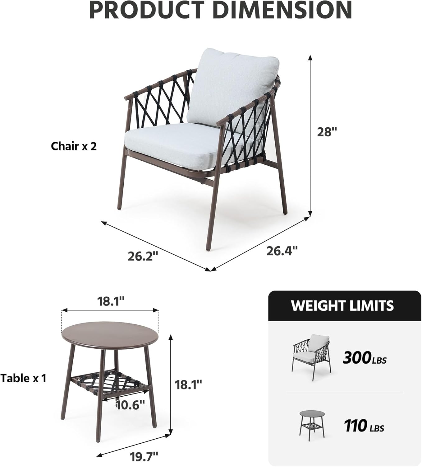 LAUSAINT HOME 3 Pieces Patio Bistro Set, Woven Rope Chairs with Cushions