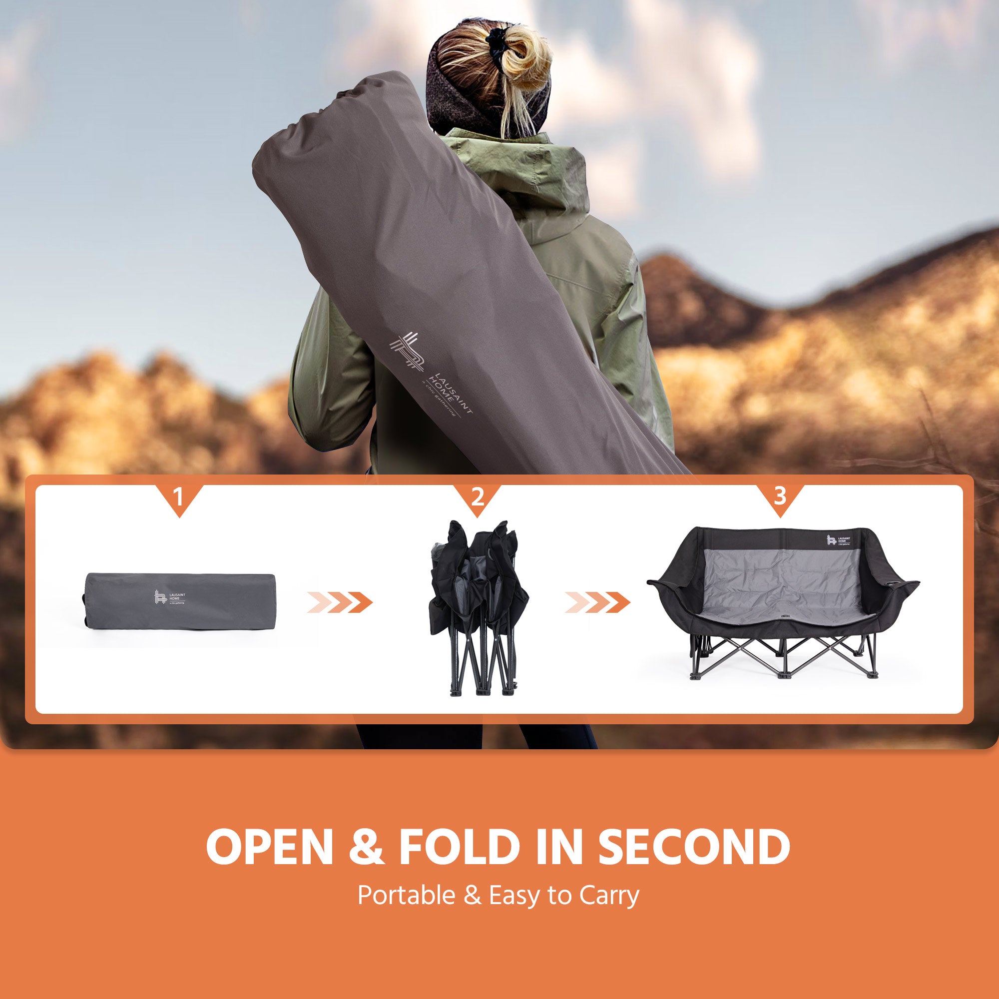 LAUSAINT HOME Double Camping Chair, Oversized Camping Loveseat