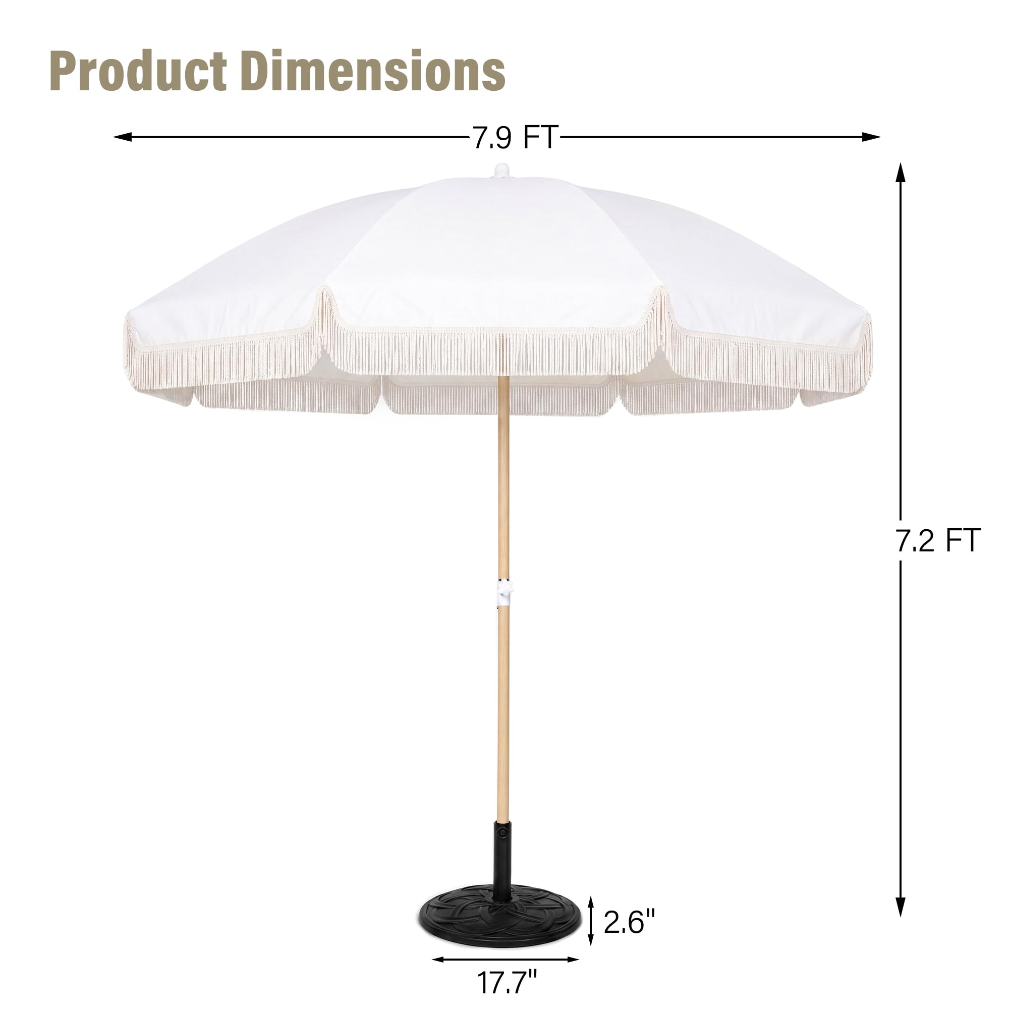 LAUSAINT HOME 8ft Boho Beach Umbrella, UPF 50+ Sun Protection Outdoor Patio Umbrella with 8 Fiberglass Ribs, Rust-Resistant Frame for Garden, Poolside, Lawn, Backyard