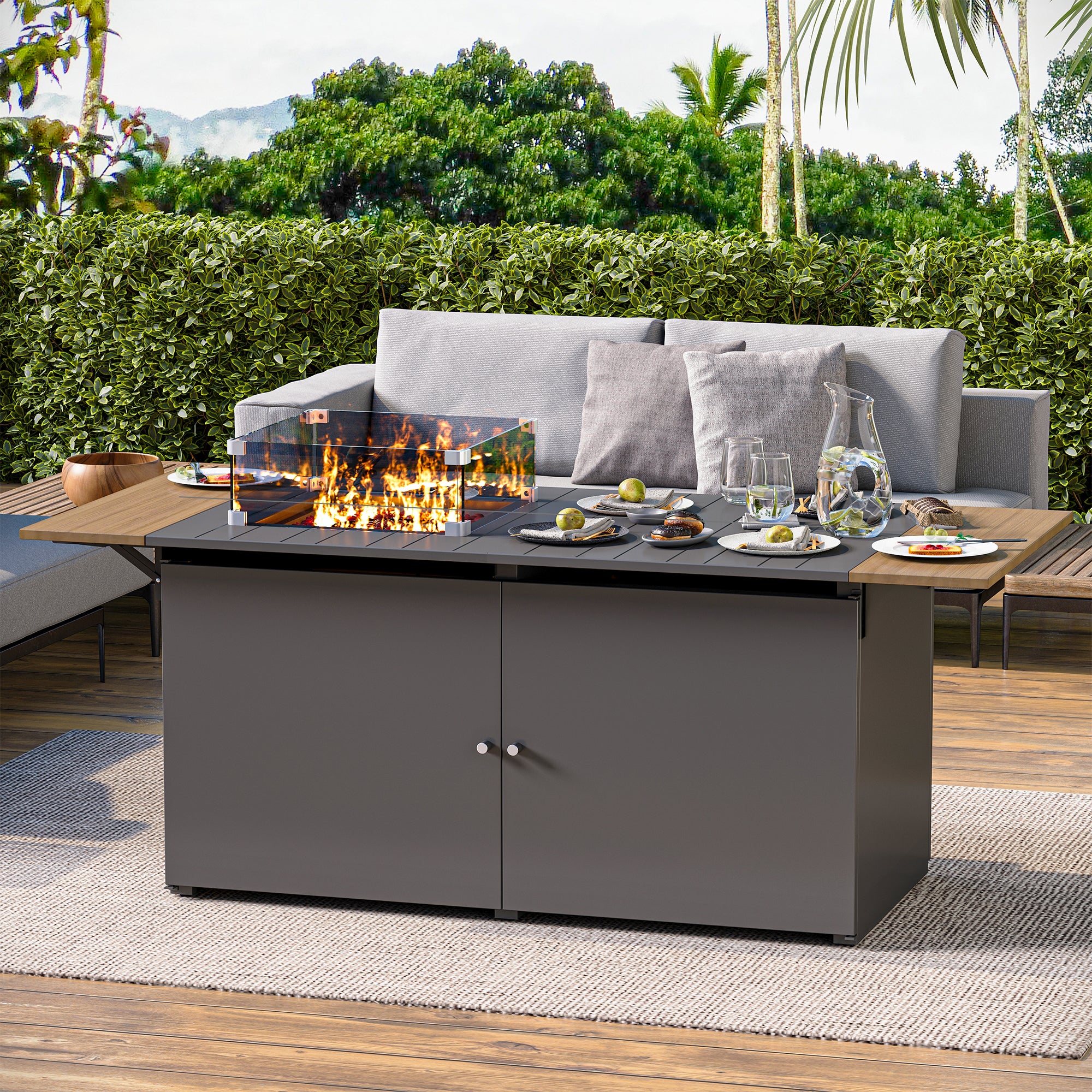 LAUSAINT HOME 64 Inch Outdoor Fire Pit Table 55,000 BTU Gas Fire Pit with Lid with Glass Wind Guard for Outside Patio