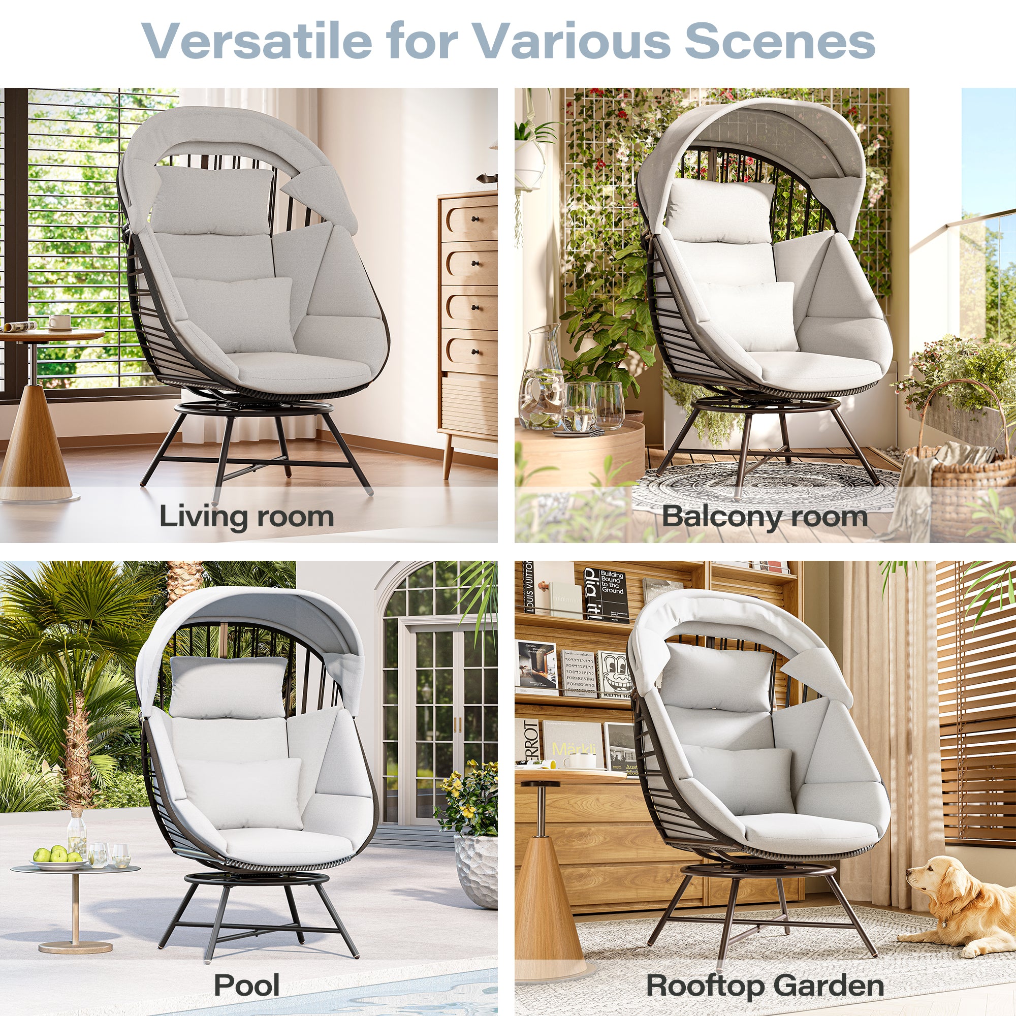 LAUSAINT HOME Oversized 360° Swivel Rattan Egg Chair with Cushion