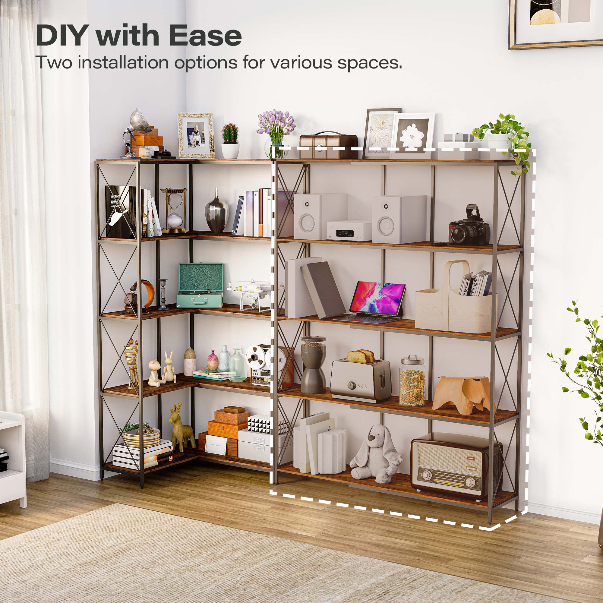 LAUSAINT HOME 5-Tier L-Shaped Corner Bookcase