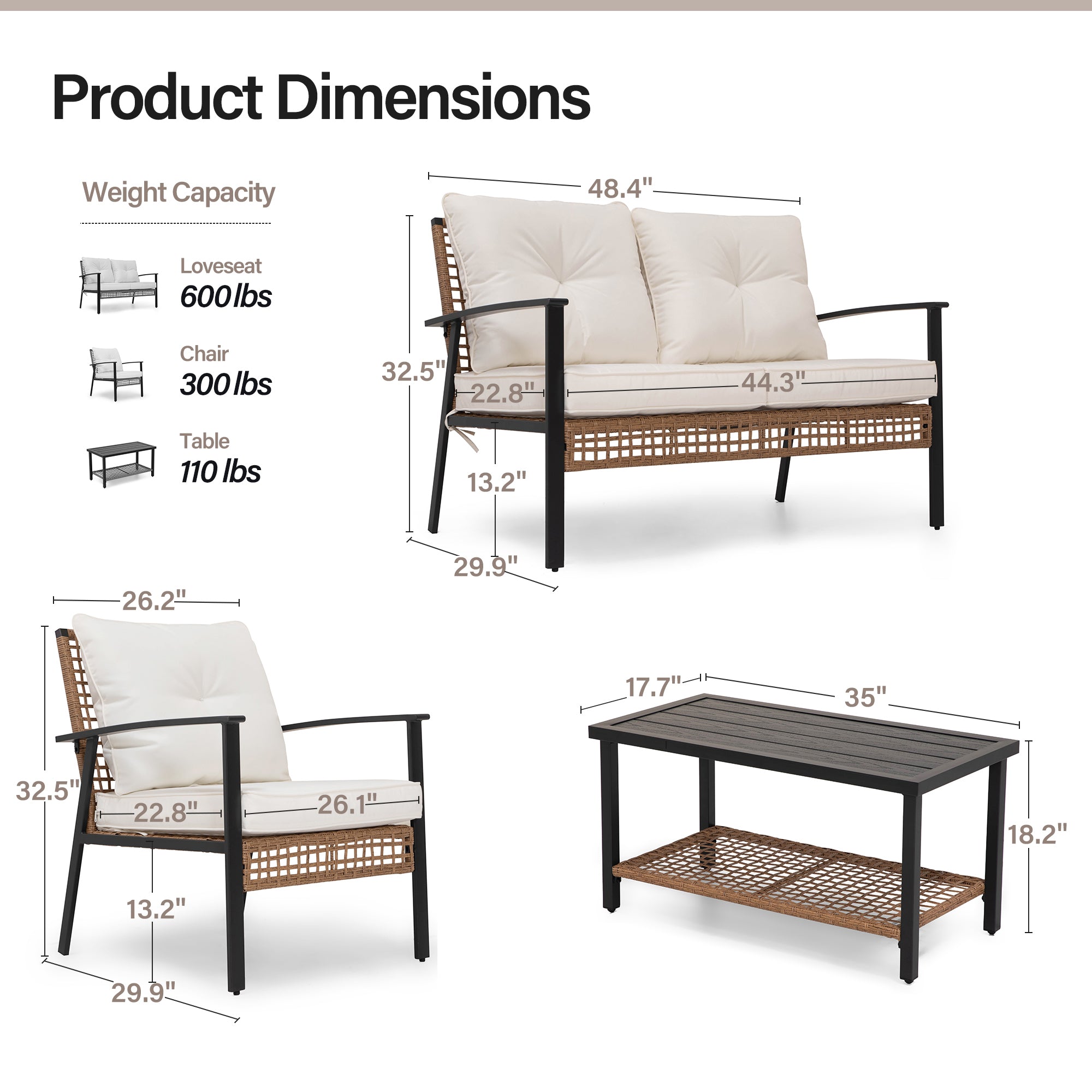 LAUSAINT HOME 4-piece Rattan Conversation Set Comfortable Oversized Outdoor Furniture Set for Backyard