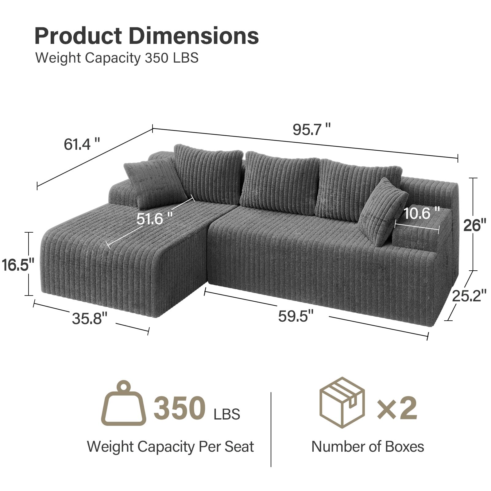 LAUSAINT HOME 96" Modular Sectional Sofa Couches, L-Shaped Boneless Cloud Sofa with 3 Deep Seat