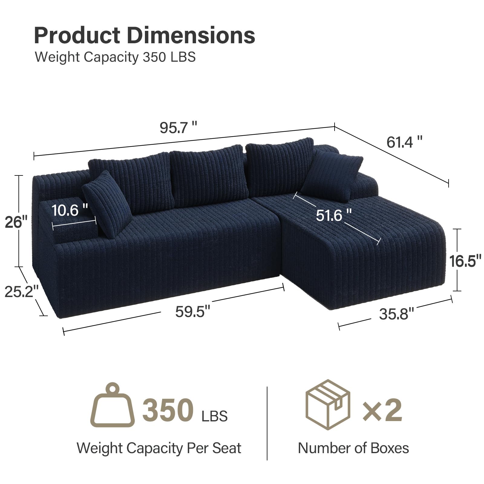 LAUSAINT HOME 96" Modular Sectional Sofa Couches, L-Shaped Boneless Cloud Sofa with 3 Deep Seat