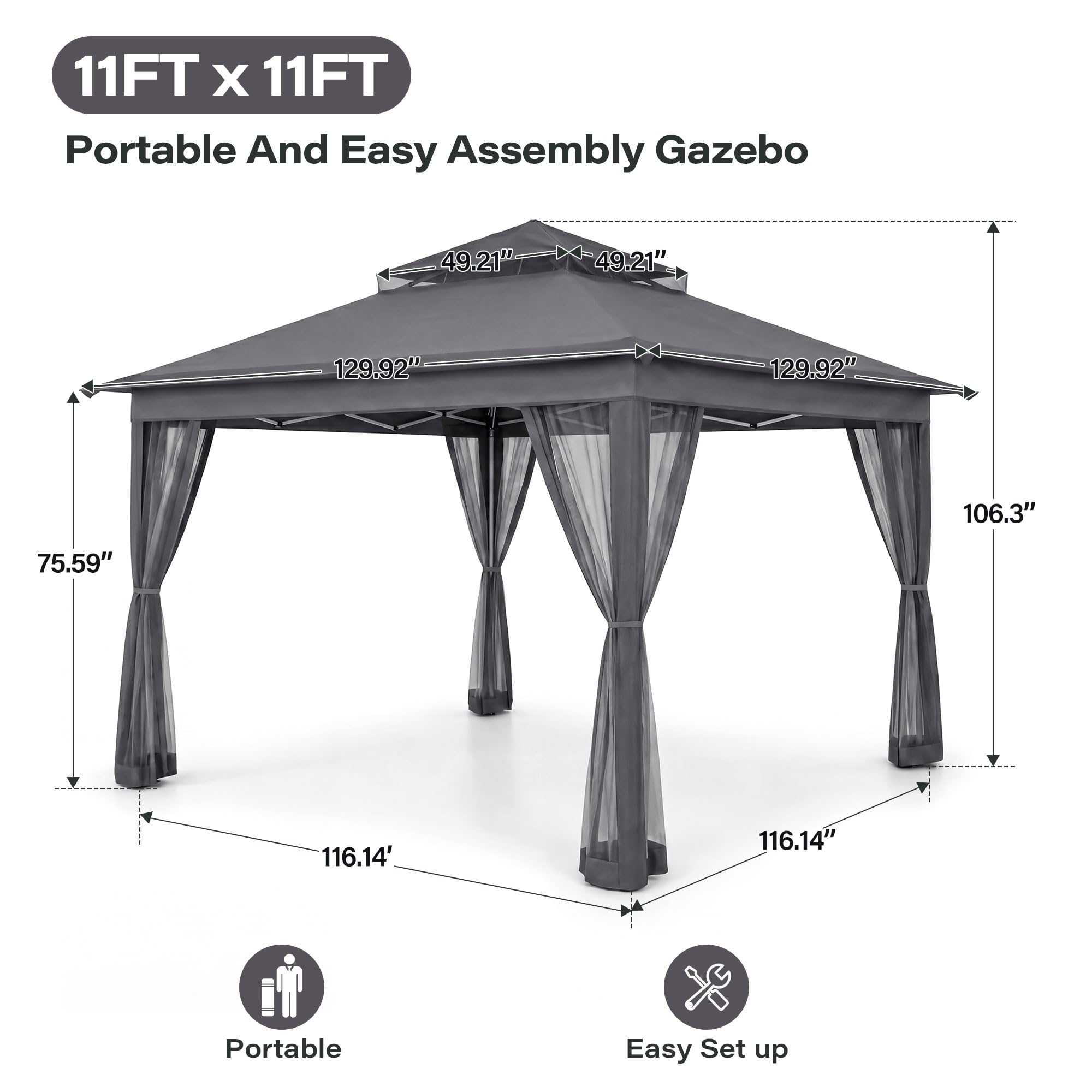 LAUSAINT HOME 11x11 Pop Up Gazebo with Mosquito Netting, Portable Outdoor Gazebo Canopy Tent with Sidewalls, One Push Instant Setup & Adjustable Height for Patio Backyard Party BBQ Deck, Grey