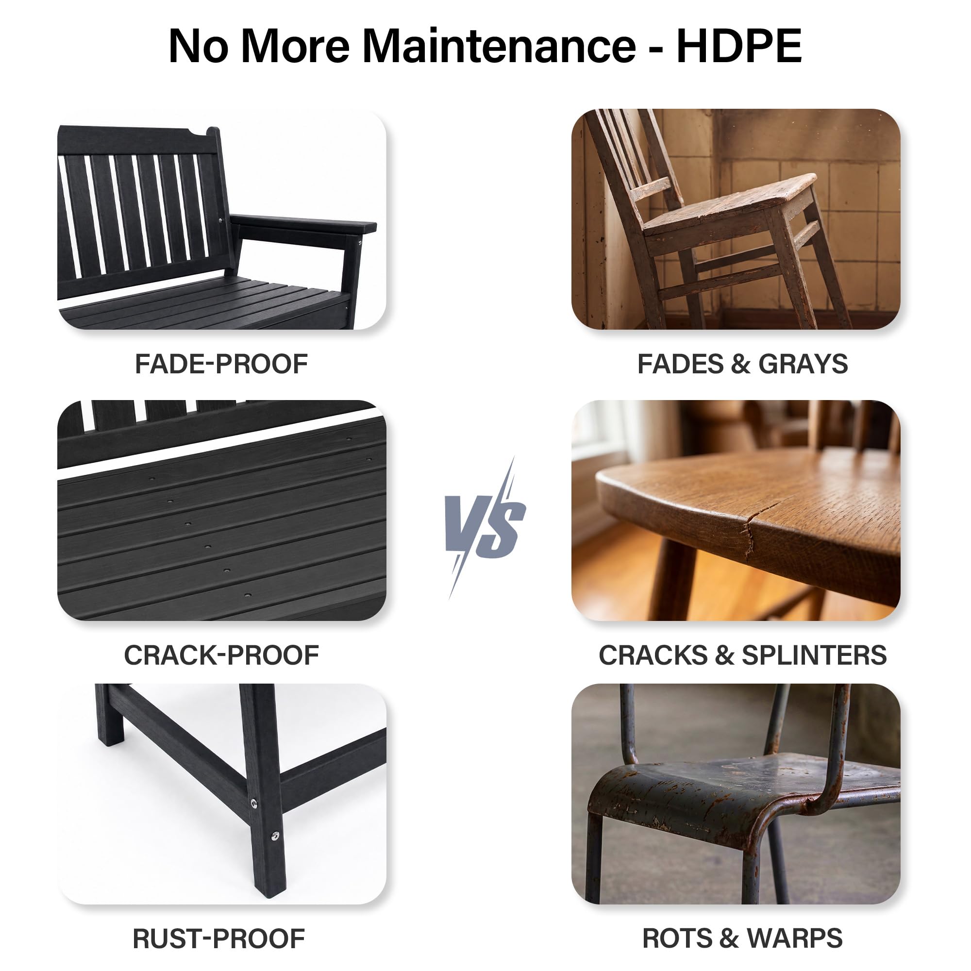LAUSAINT HOME HDPE Outdoor Bench, Weather-Resistant Patio & Porch Bench with Aluminum-Reinforced Frame