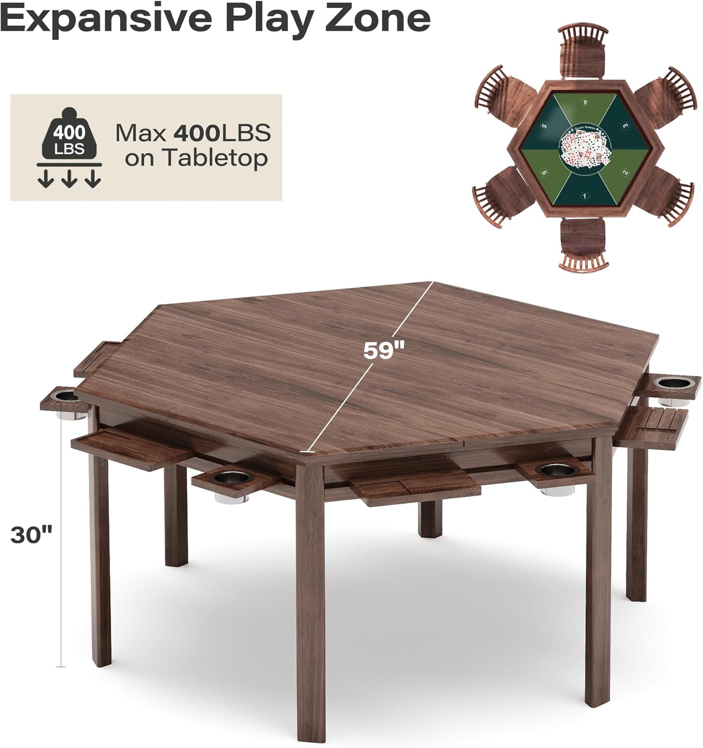 LAUSAINT HOME Hexagon Board Game Table with Removable Table Top, 59” Play Area for 6 Players