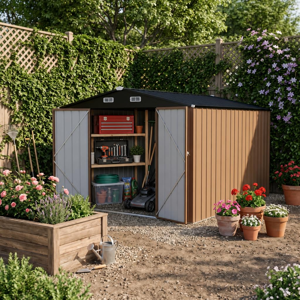 LAUSAINT HOME 8 x 6 FT Outdoor Storage Shed with Window, Galvanized Steel Storage Shed, Double Lockable Doors, Gable Roof & Air Vent for Backyard, Brown