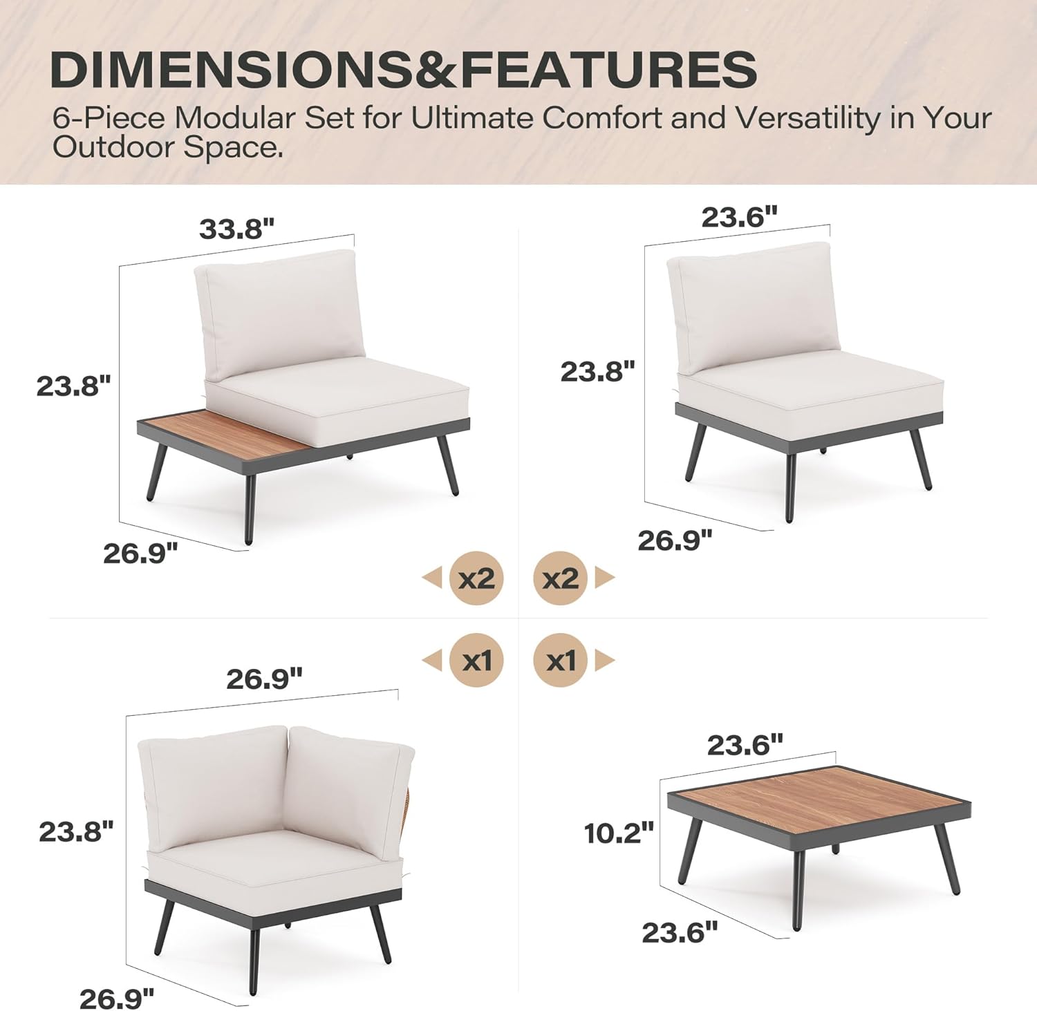 LAUSAINT HOME 6 Pieces Outdoor Sectional Patio Furniture Set with Coffee Top Table