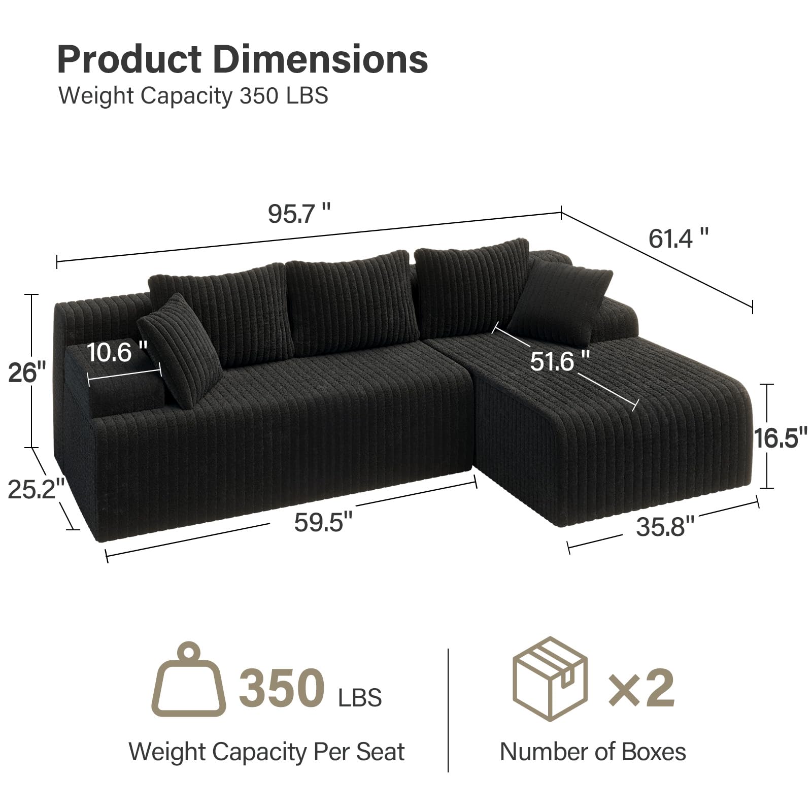 LAUSAINT HOME 96" Modular Sectional Sofa Couches, L-Shaped Boneless Cloud Sofa with 3 Deep Seat