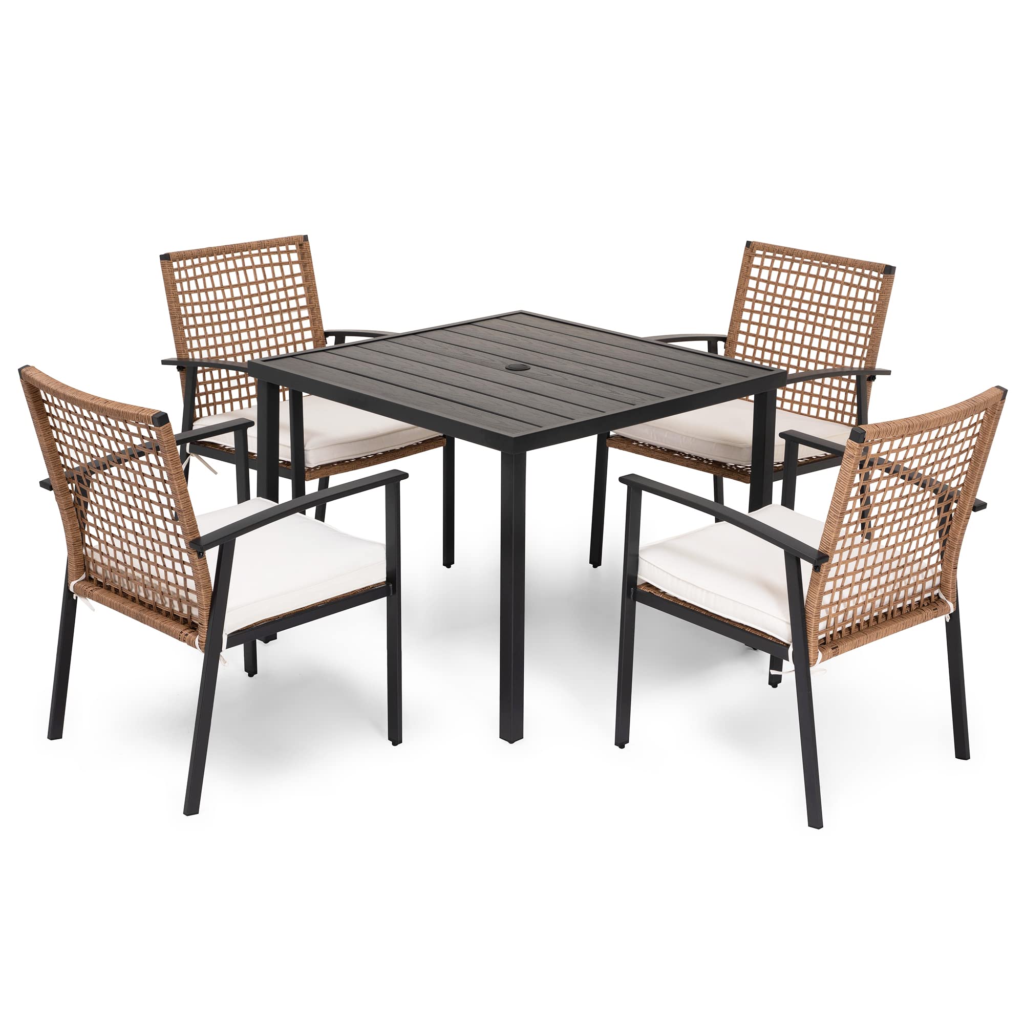 LAUSAINT HOME 7 Pieces Patio Dining Set, Outdoor Furniture Set of 6 Wicker Chairs (2 of Them Swivel) with Soft Cushion and Iron Slats Table Top with Umbrella Hole, Conversation Set for Backyard