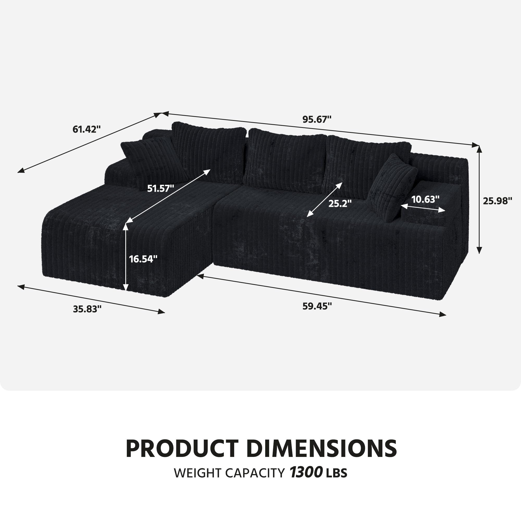LAUSAINT HOME 96" Modular Sectional Sofa Couches, L-Shaped Boneless Cloud Sofa with 3 Deep Seat