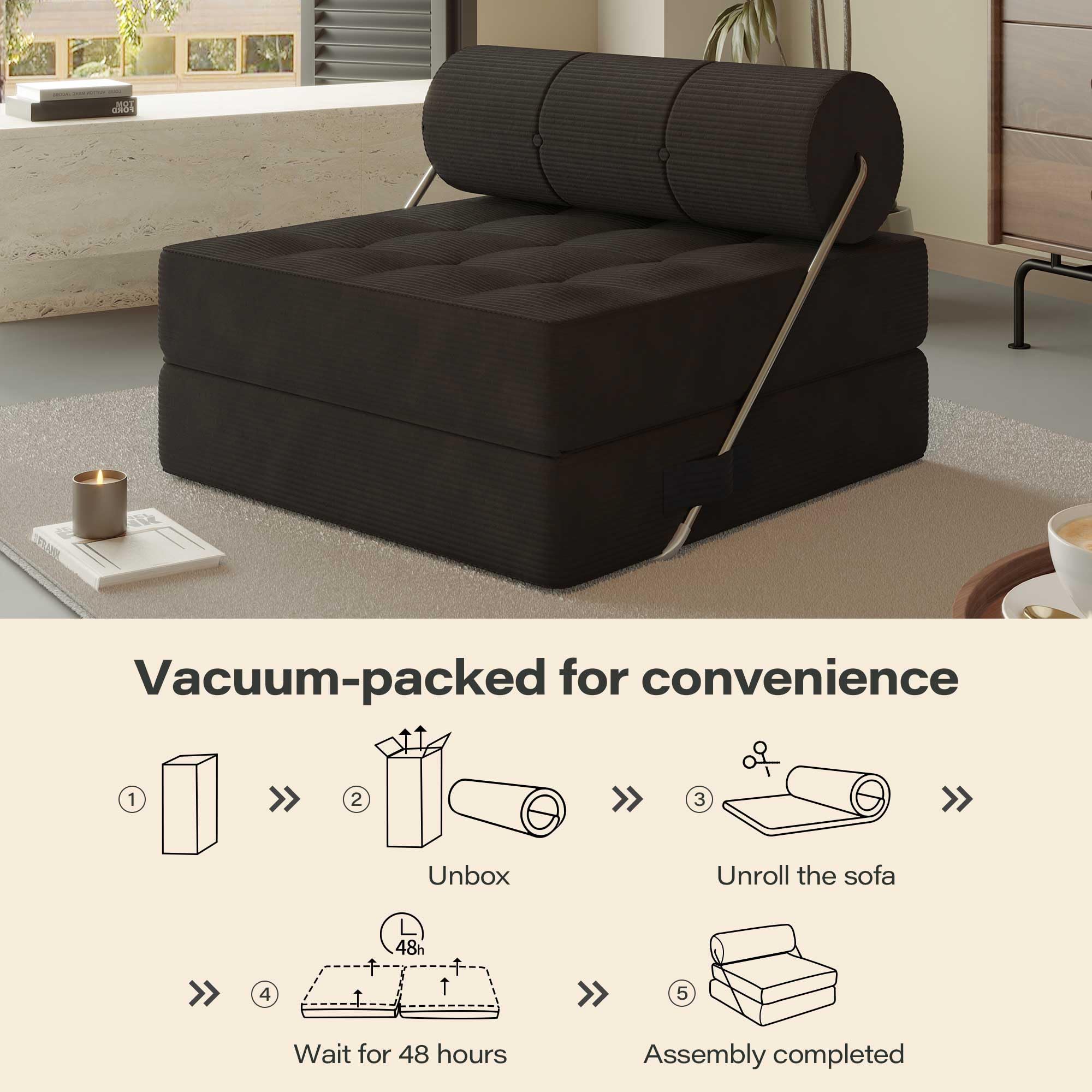 LAUSAINT HOME Folding Sofa Bed, 4 in 1 Convertible Sleeper Chair with High-Density Foam & Pillow, Portable Comfy Folding Chair Bed Floor Lounge for Living Room and Bedroom, Black